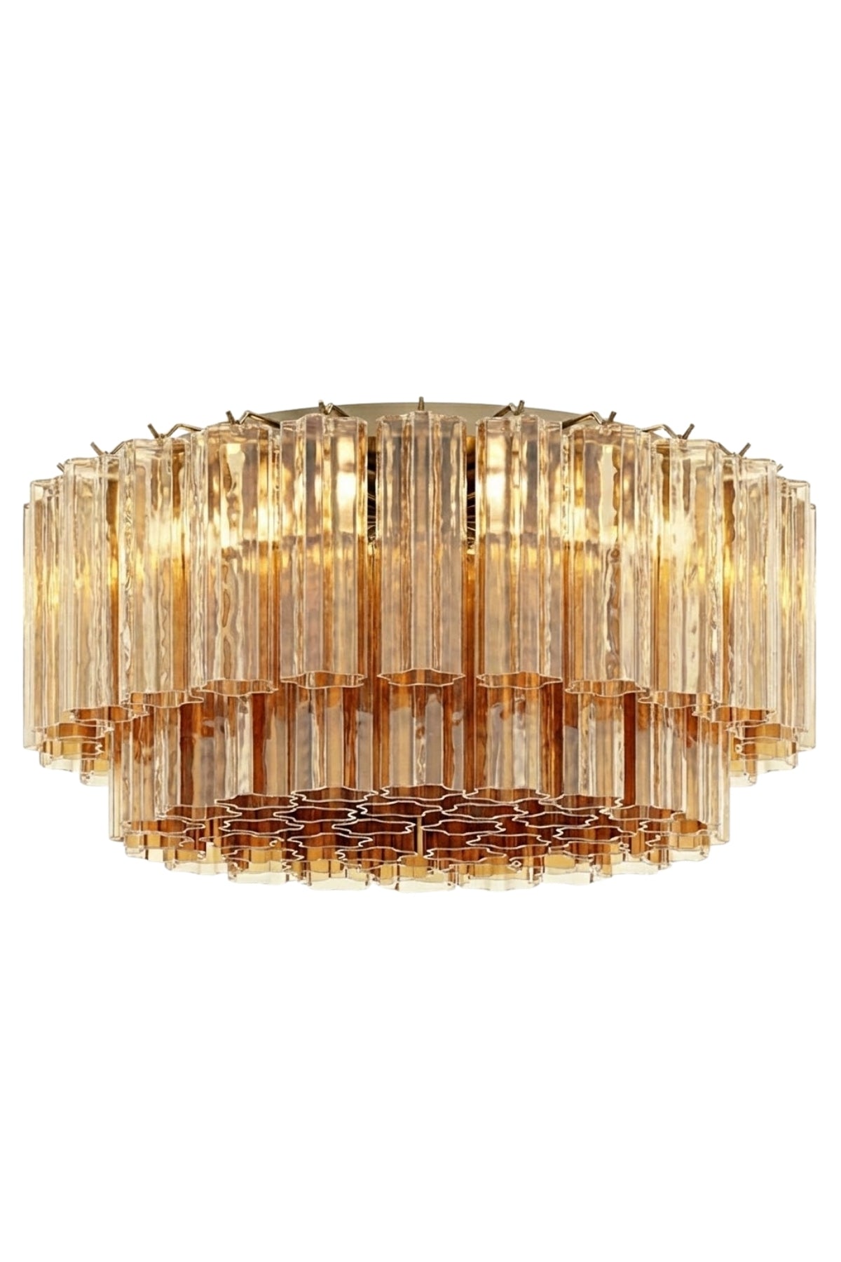Mavellis Lüks Tasarım Katmanlı Cam Avize - Eskitme Gold Gövdeli Kristal Dokulu Tavan Aydınlatması - 7284-2154