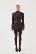 Belden Oturmalı Çizgili Fit Kesim Karen Blazer Ceket Kahve