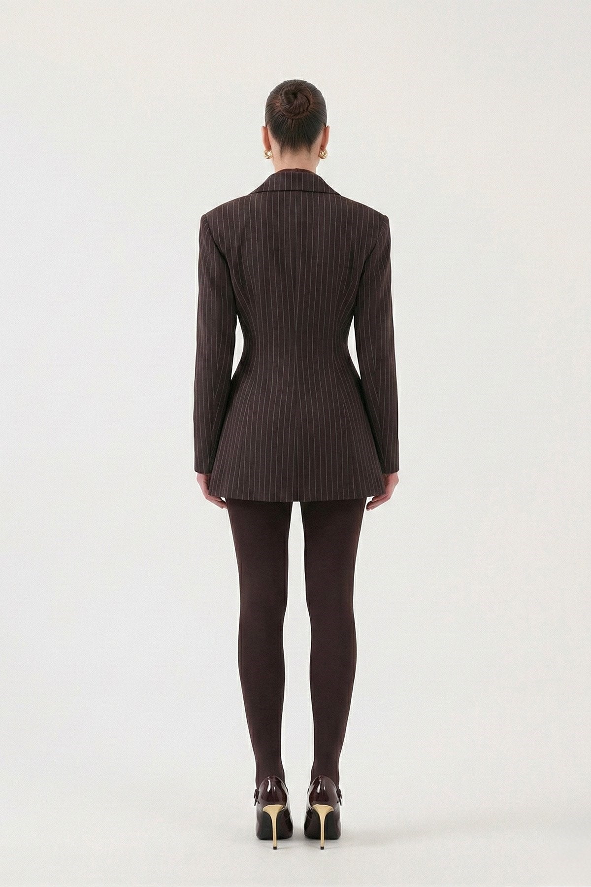 Belden Oturmalı Çizgili Fit Kesim Karen Blazer Ceket Kahve