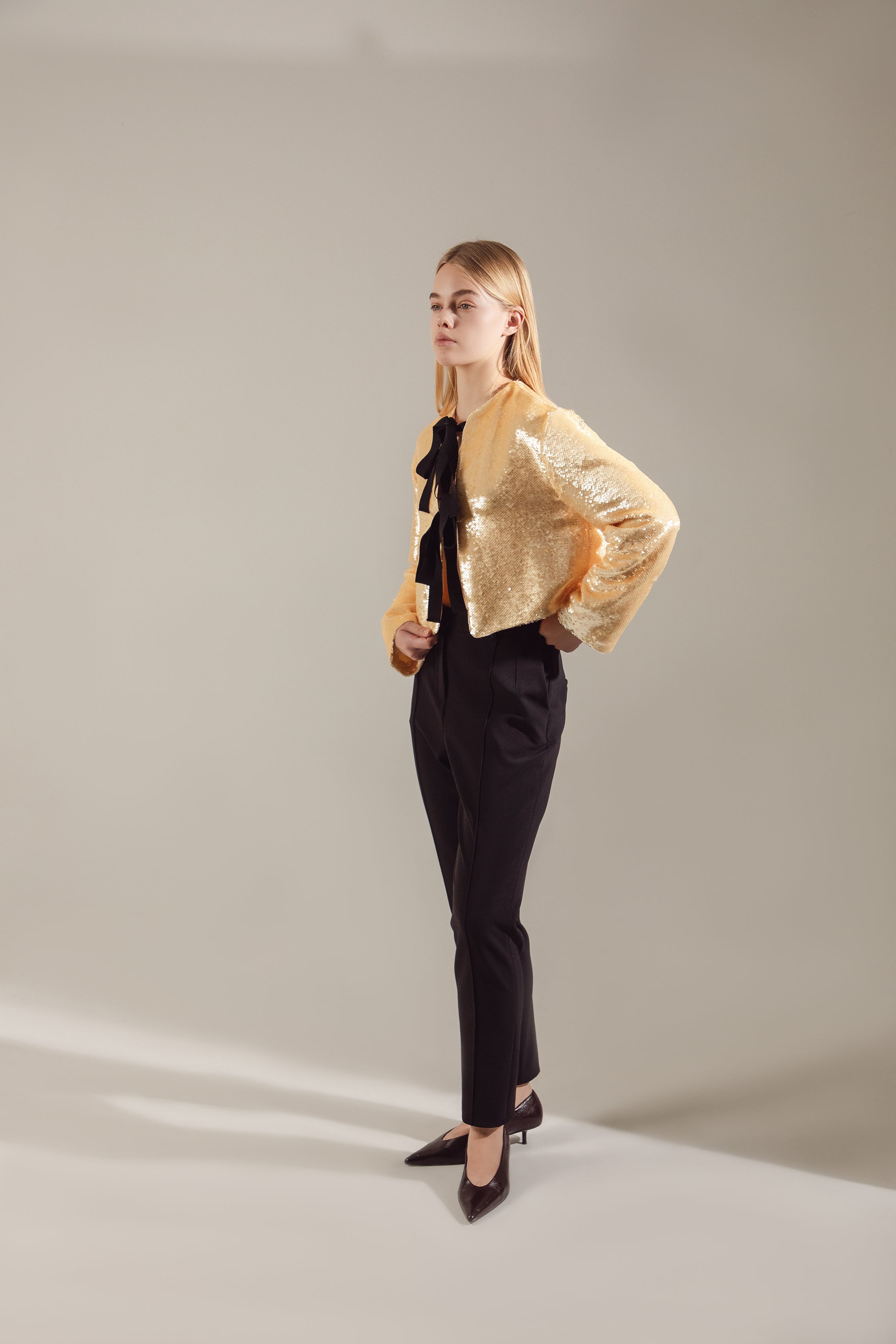 Champagne Sequin Jacket With Contrast Ties