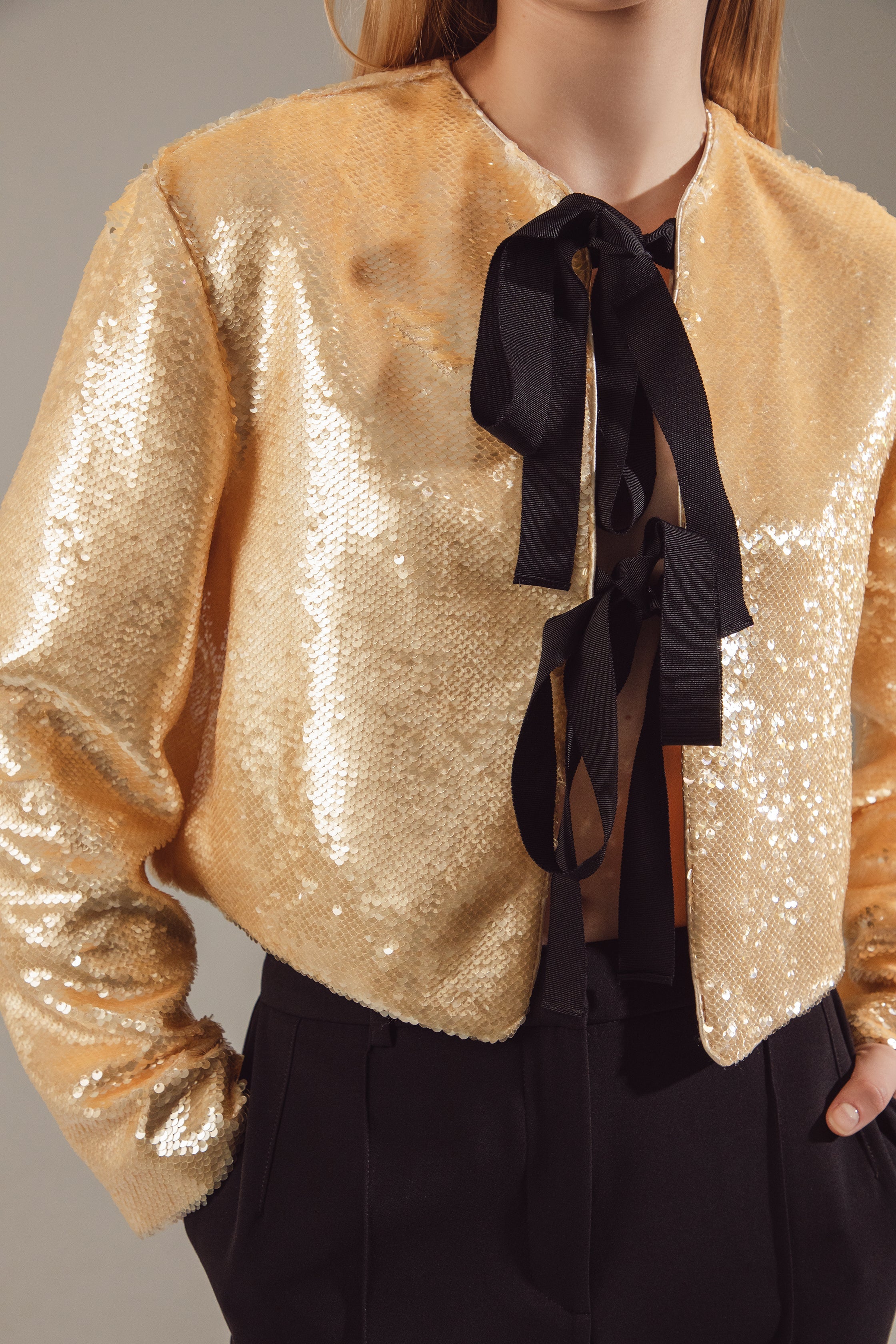 Champagne Sequin Jacket With Contrast Ties
