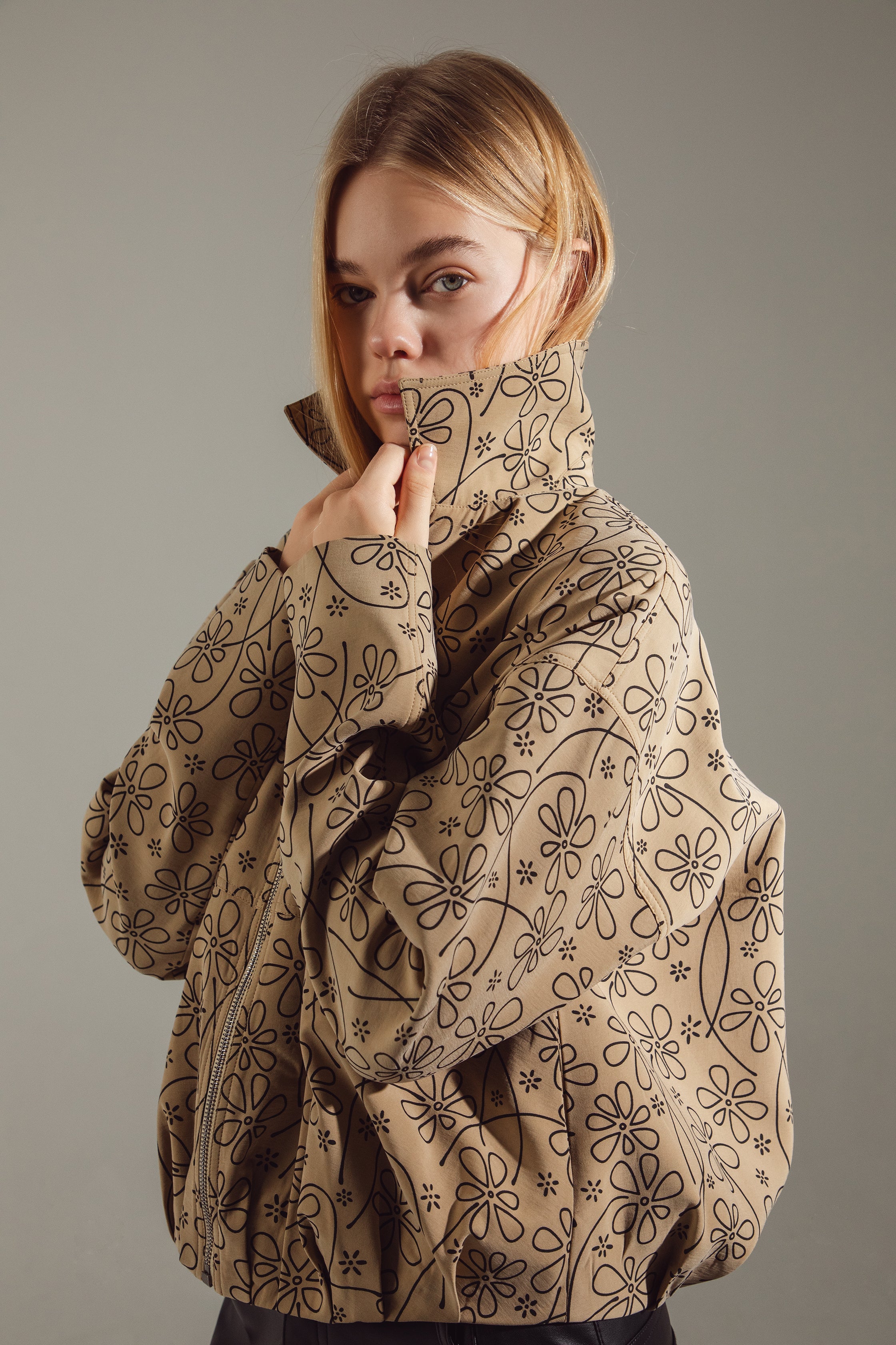 Beige-Mustard Floral Cotton-Modal Bomber