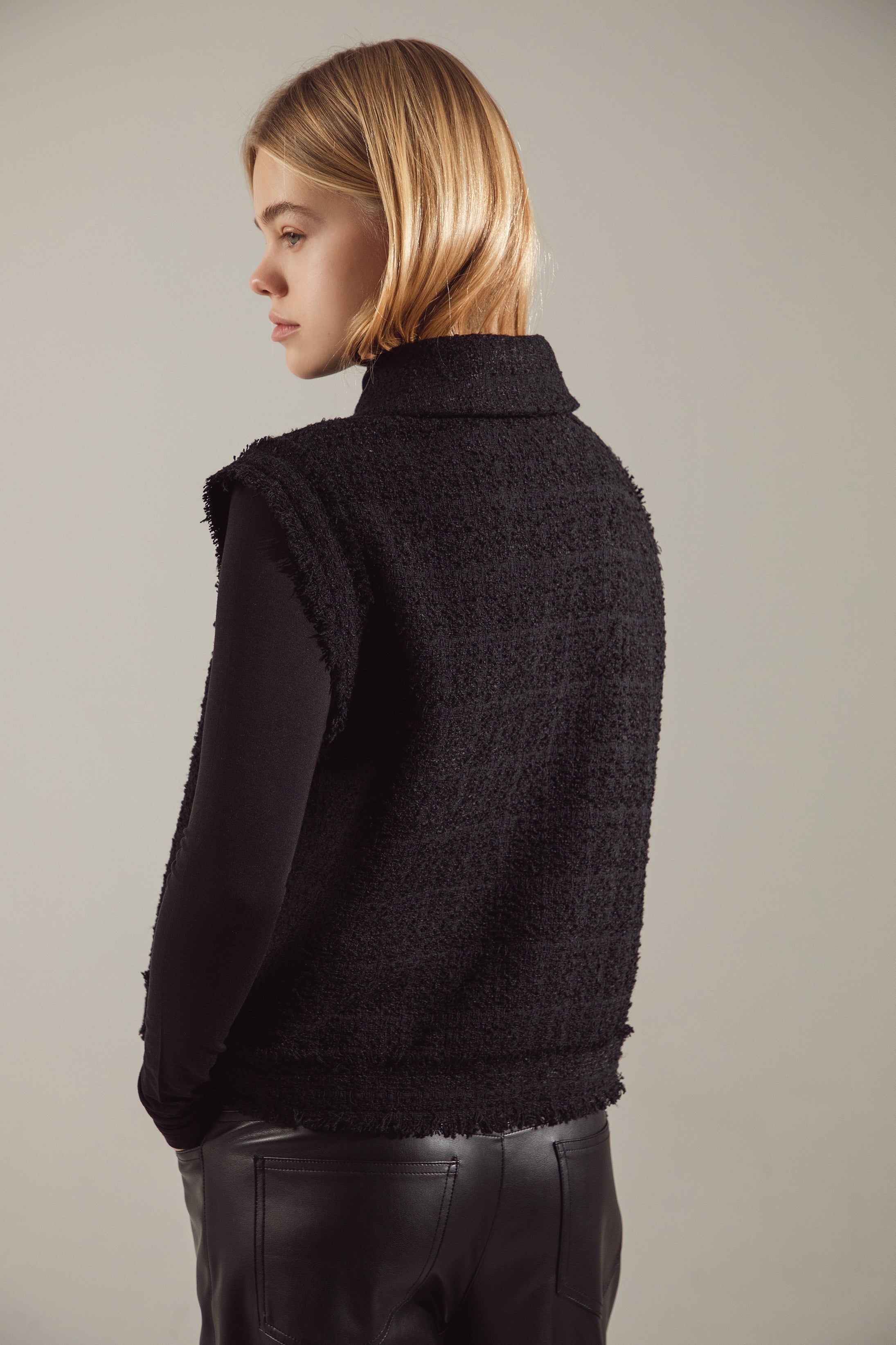 Gold-Buttoned Black Tweed Raw-Edge Vest