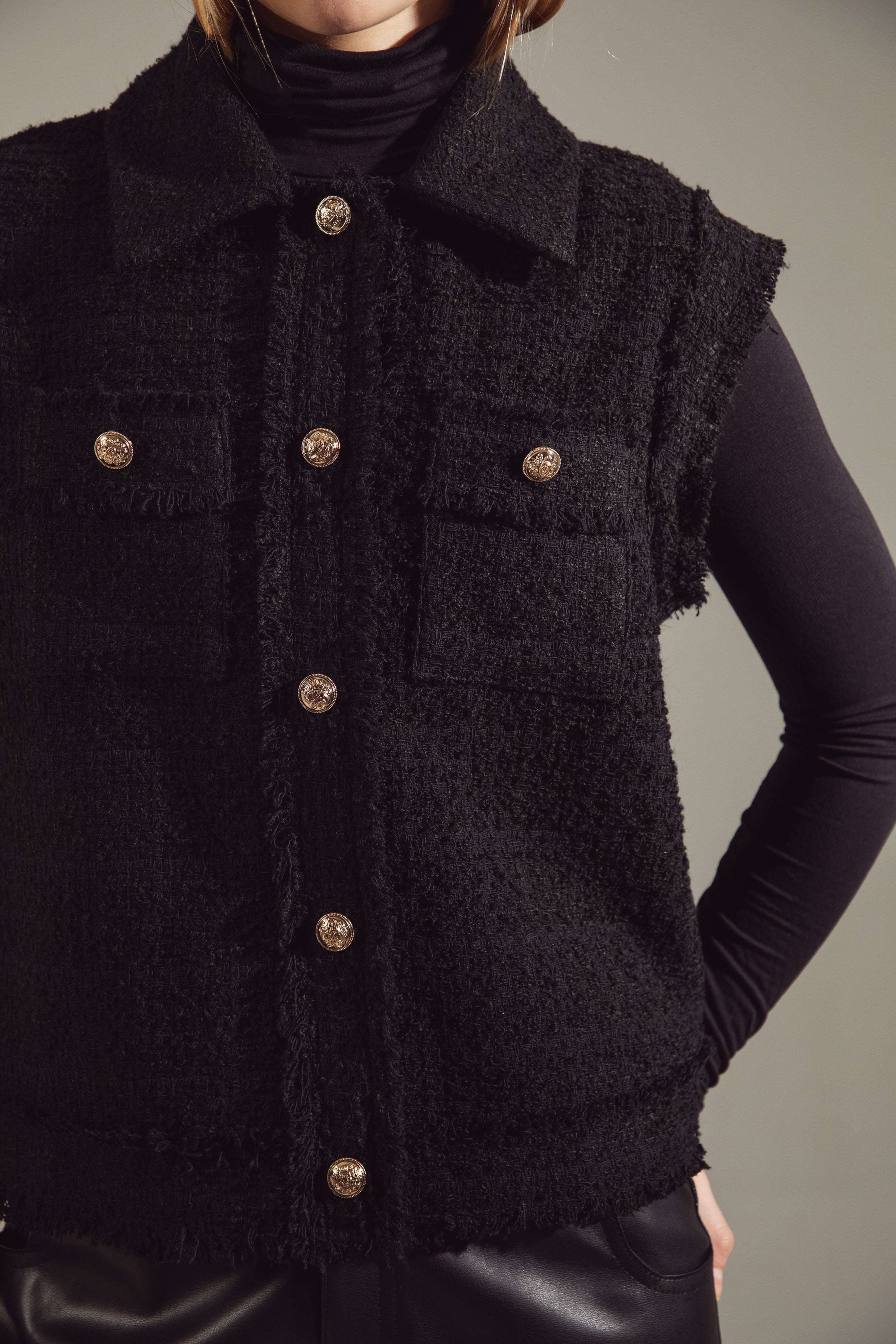 Gold-Buttoned Black Tweed Raw-Edge Vest