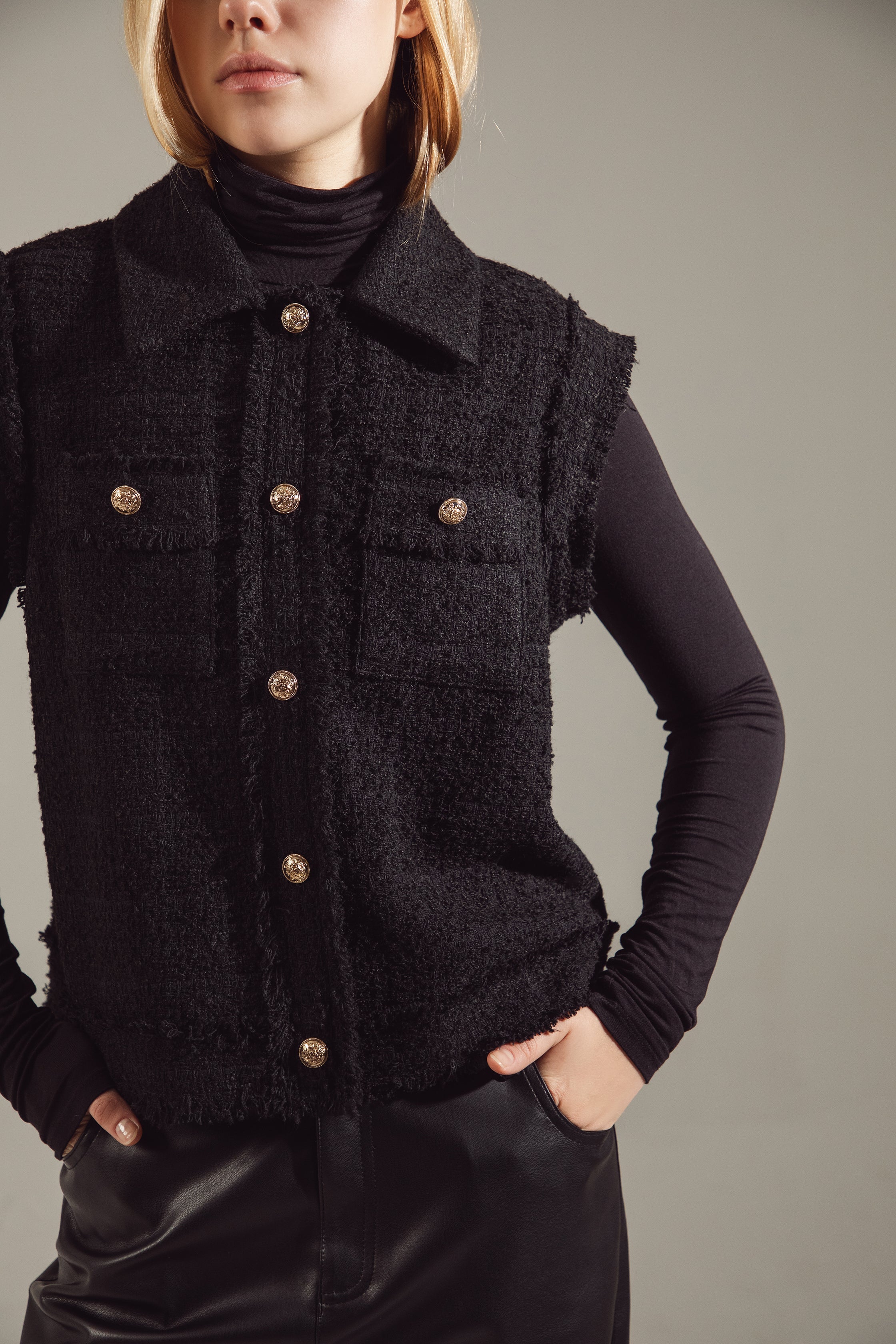 Gold-Buttoned Black Tweed Raw-Edge Vest