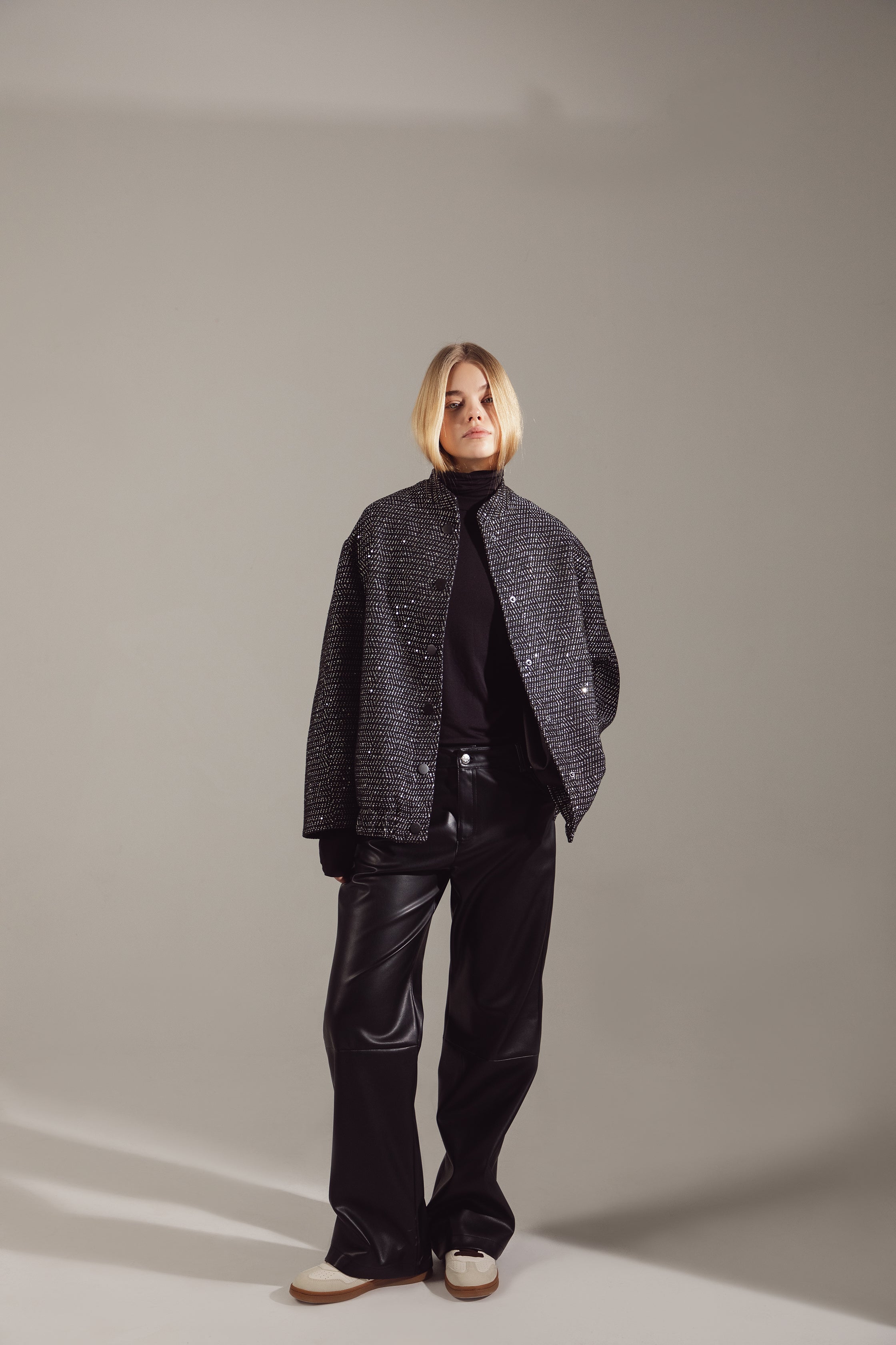 Deep Gray Sequin-Embellished Oversize Bomber