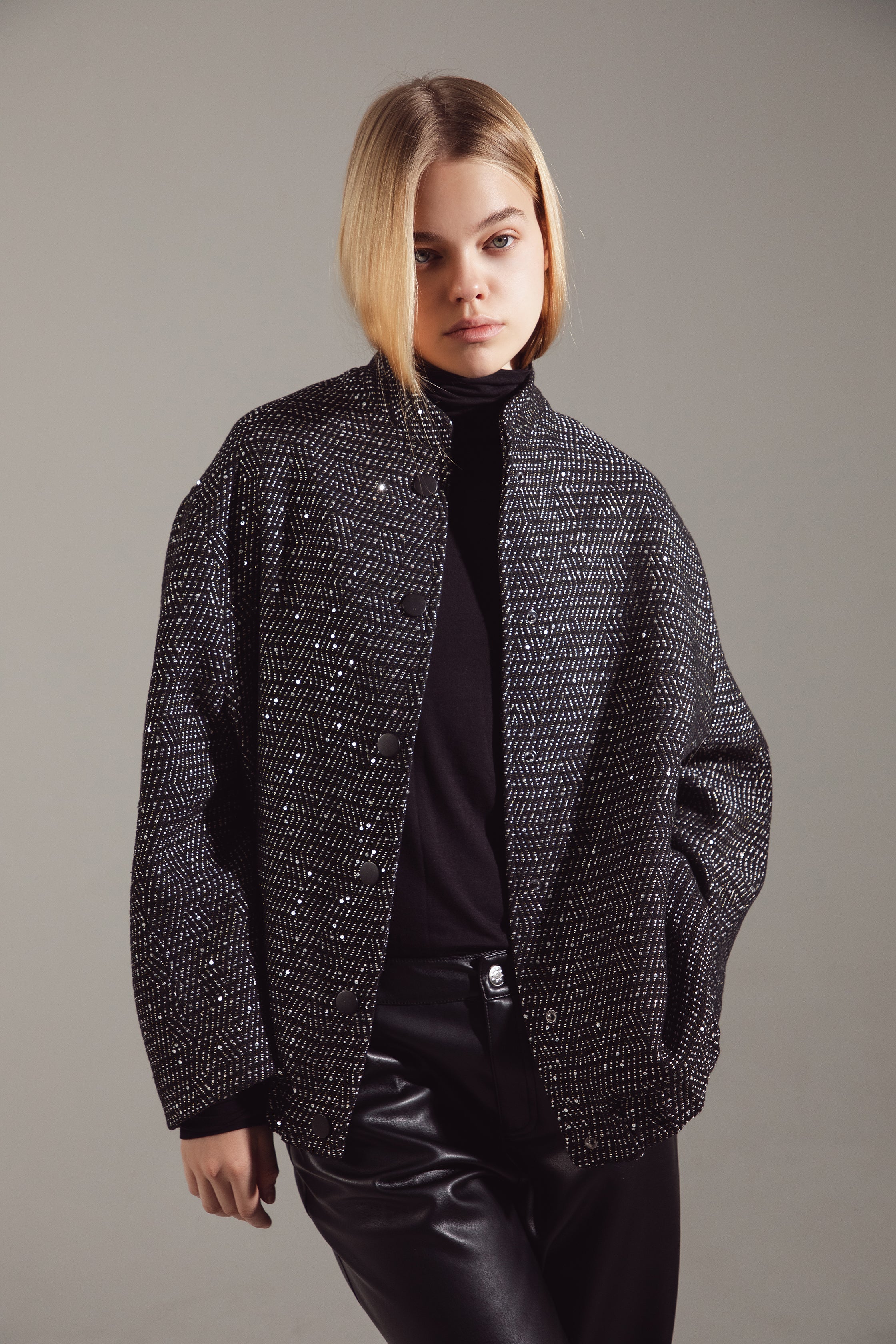 Deep Gray Sequin-Embellished Oversize Bomber