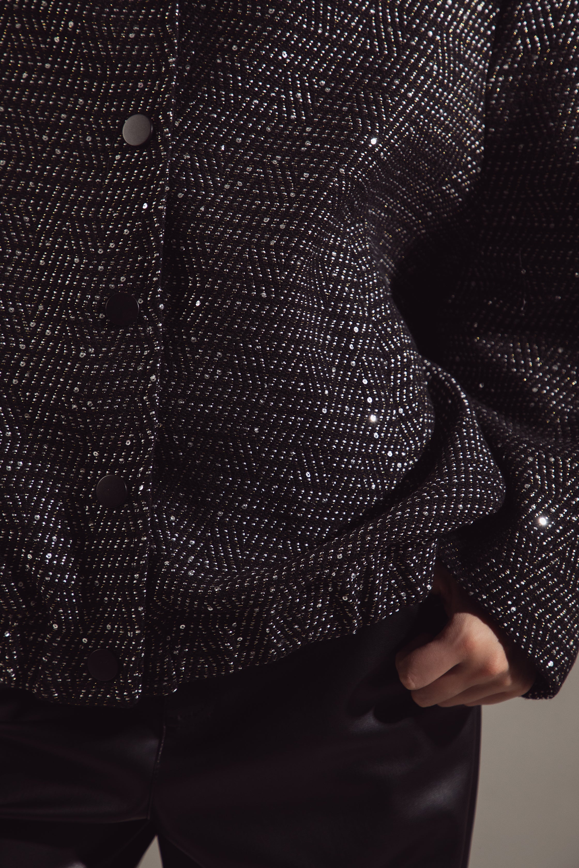 Deep Gray Sequin-Embellished Oversize Bomber