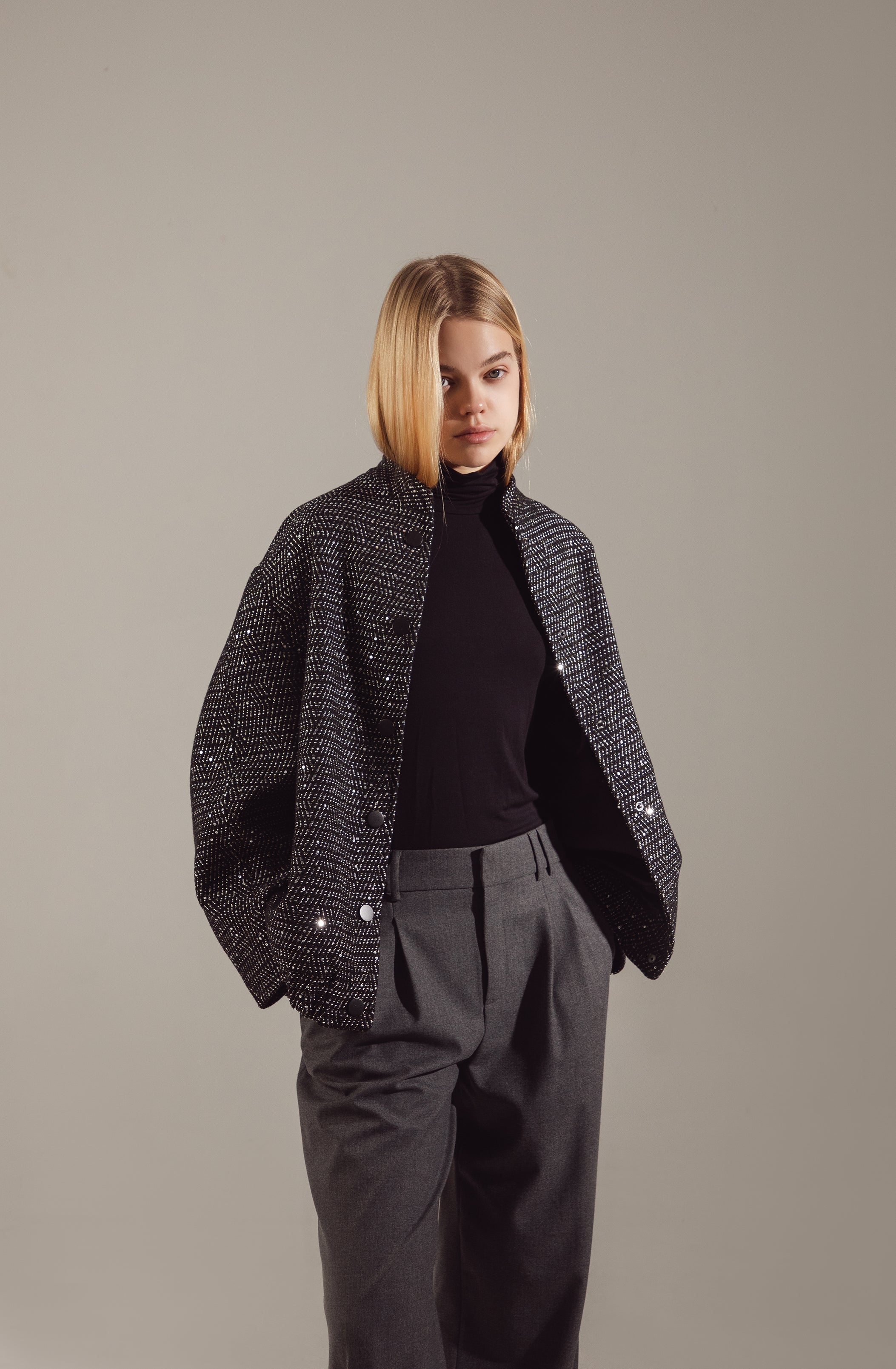 Deep Gray Sequin-Embellished Oversize Bomber