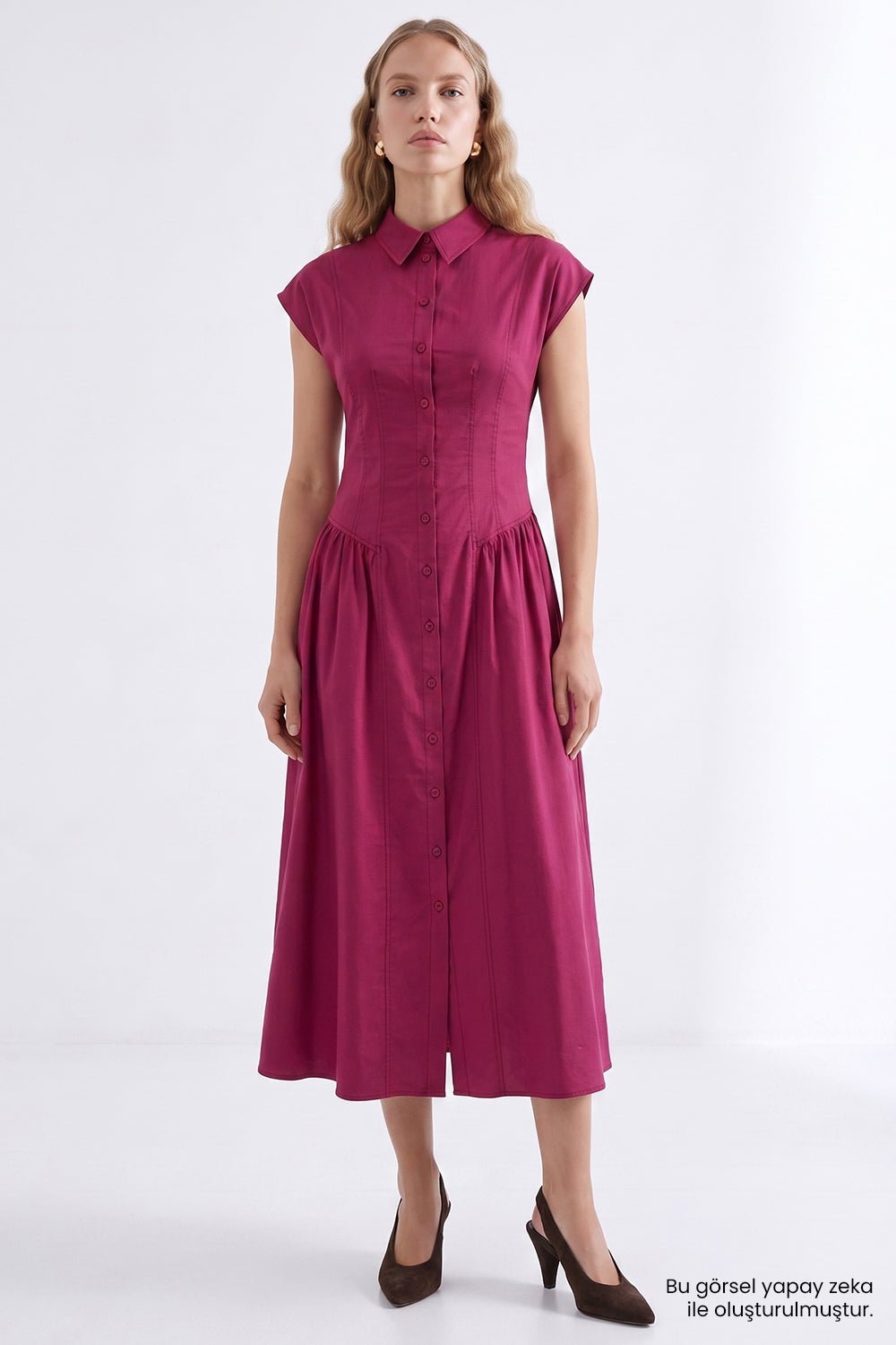 Düşük Kol Bele Oturan Slim Fit Midi Vişne Elbise