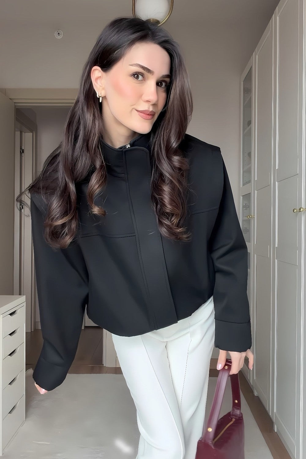 Misole-Selina Dik Yaka Bomber Ceket Siyah-Ceket-2-Milagron.com