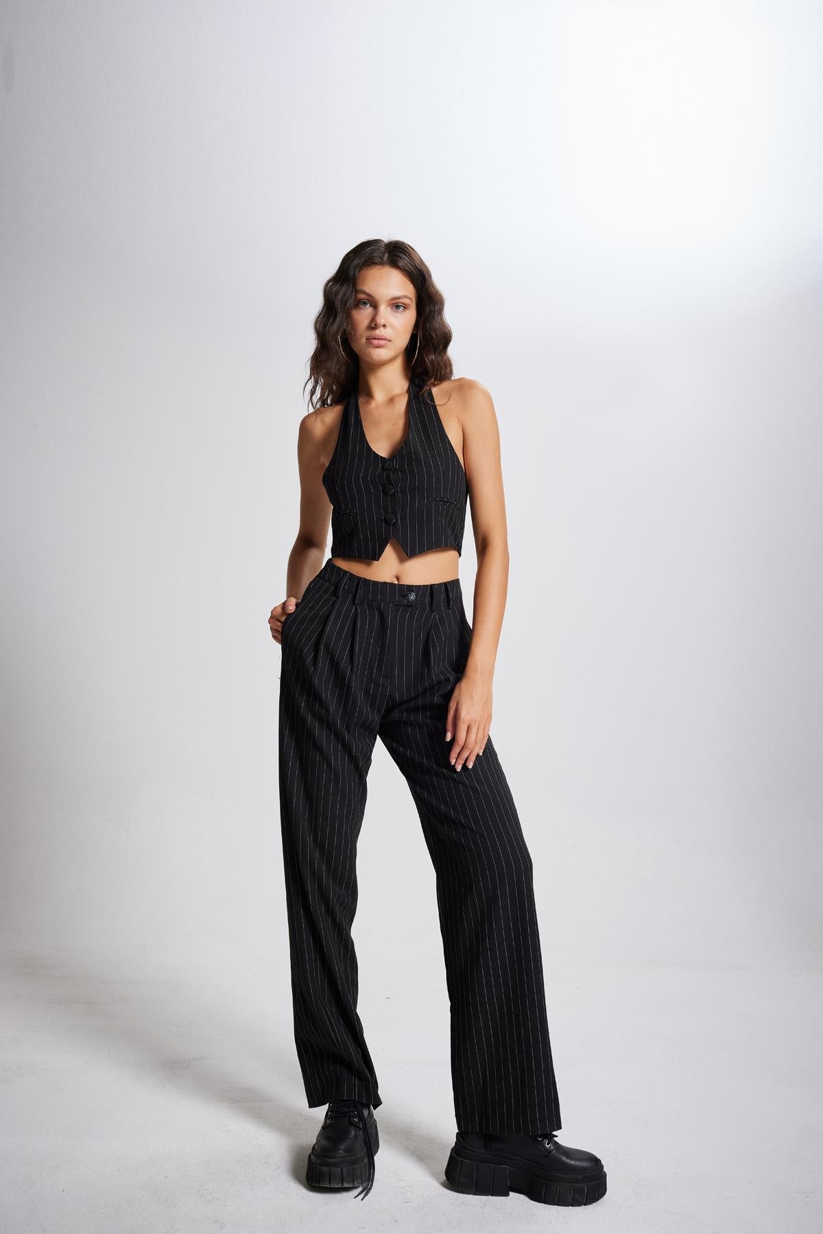 Boyun Bağlamalı Crop Striped Yelek Siyah