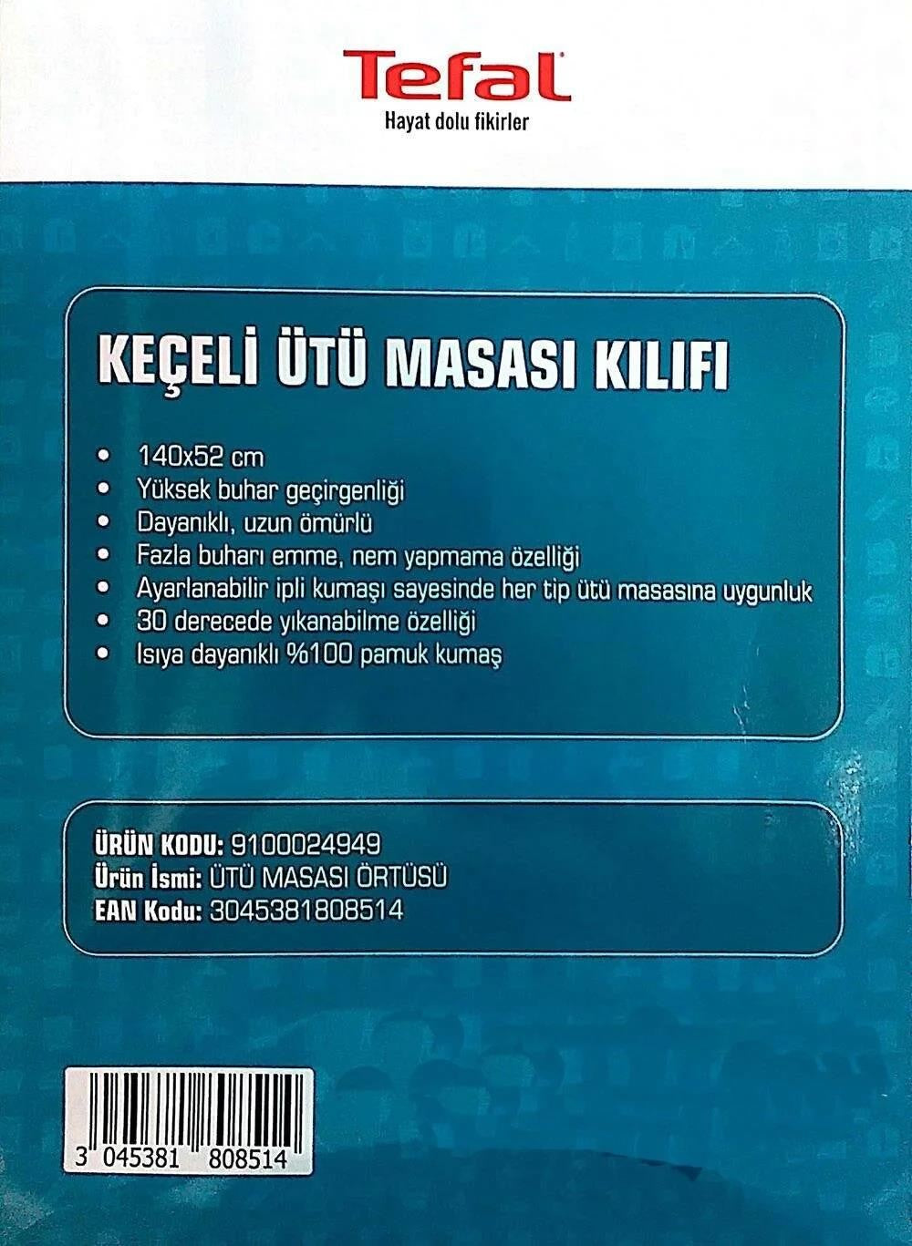 Tefal Ütü Masası Kılıfı Bezi Örtüsü Keçeli %100 Pamuk Yüksek Buhar Geçirgenliği 140X52 Cm Dayanıklı Kumaş