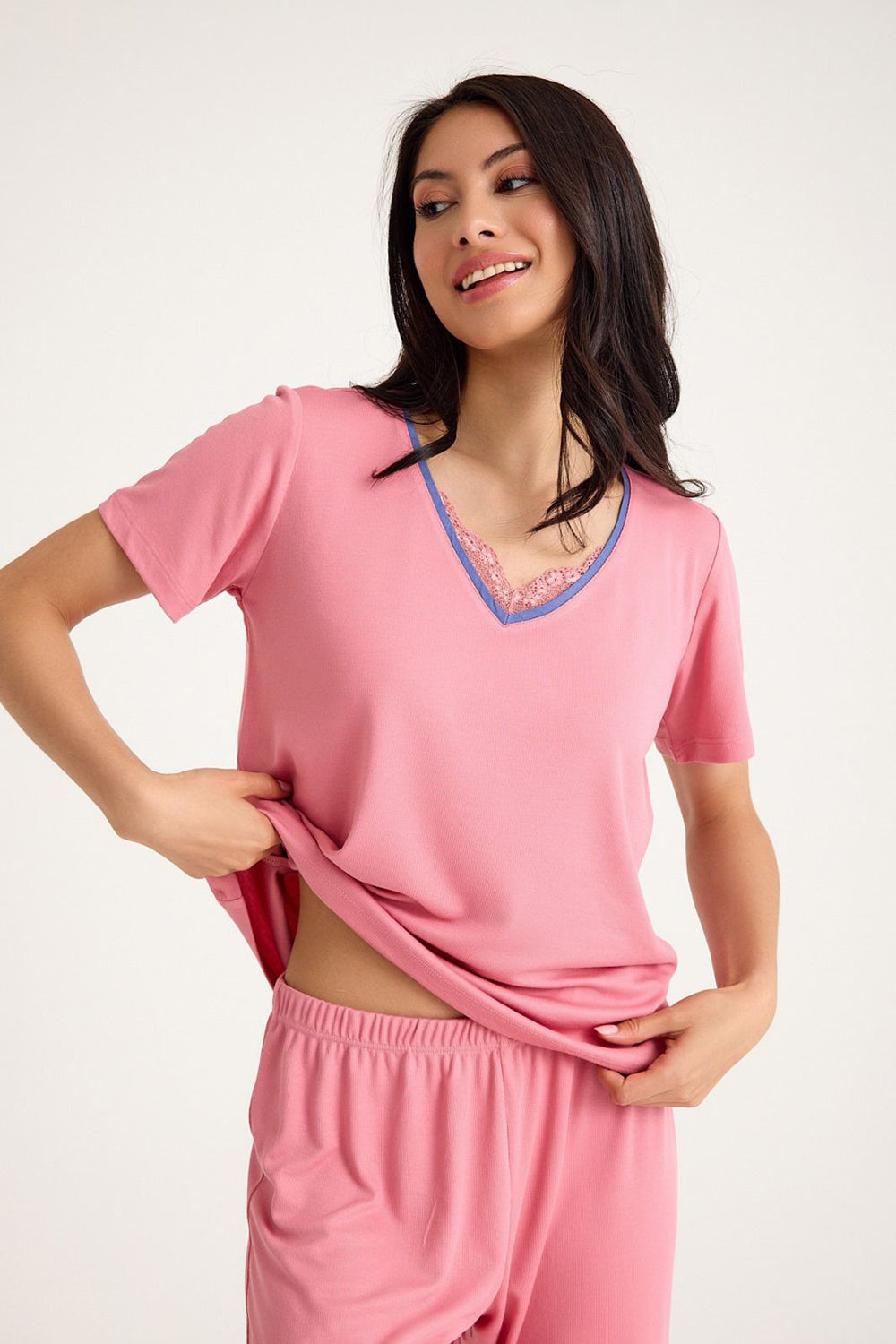 Dream Pembe Viskon Kumaş Pijama Takım - 1