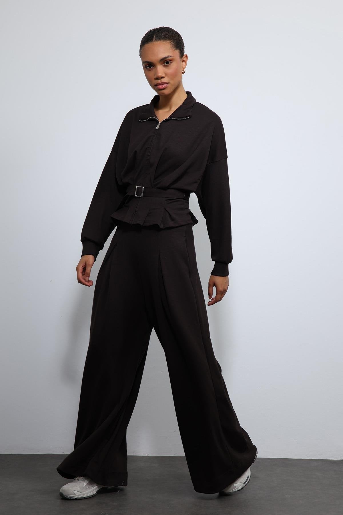 Antioch-Acı Kahve Bel Kemerli Geniş Paça Pantolonlu Takım-Takım-2-Milagron.com