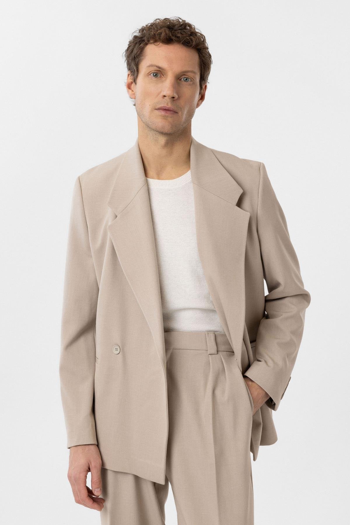 Antioch-Açık Bej Kruvaze Kapama Fleto Cepli Erkek Blazer Ceket-Blazer Ceket-2-Milagron.com