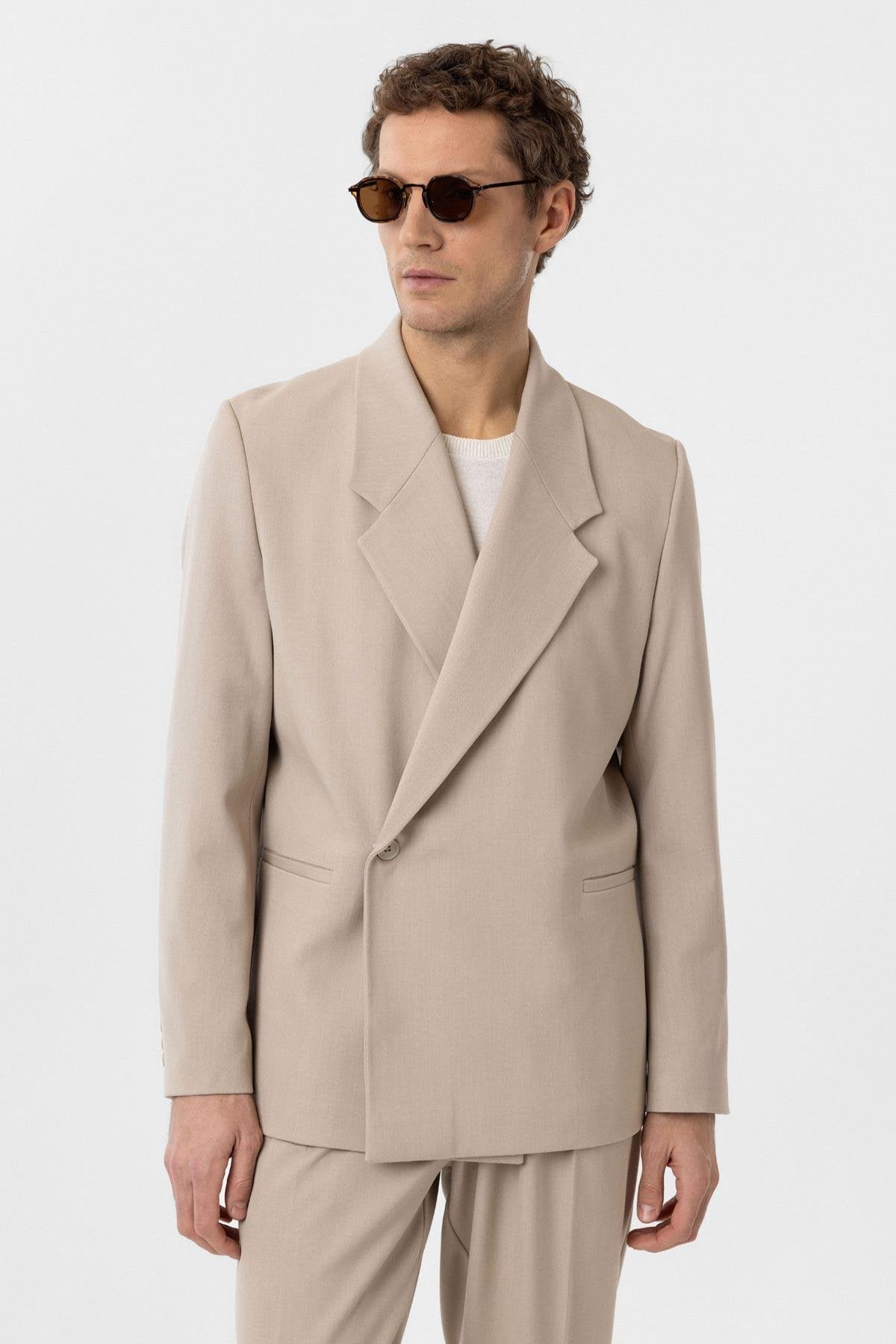 Antioch-Açık Bej Kruvaze Kapama Fleto Cepli Erkek Blazer Ceket-Blazer Ceket-3-Milagron.com