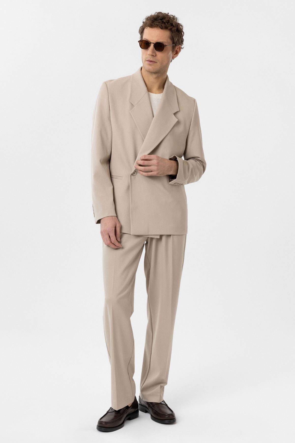Antioch-Açık Bej Kruvaze Kapama Fleto Cepli Erkek Blazer Ceket-Blazer Ceket-4-Milagron.com