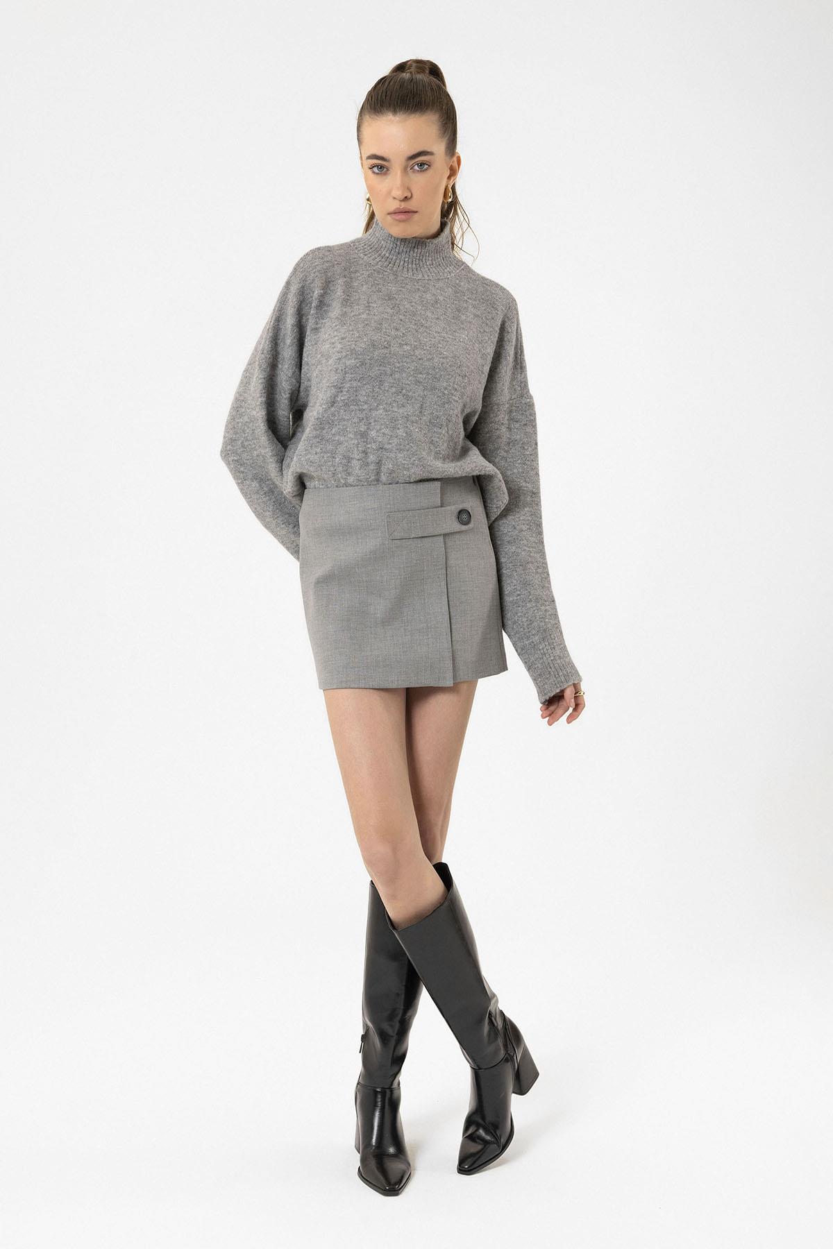 Antioch-Açık Gri Kadın Düğme Detaylı Mini Etek-Etek-4-Milagron.com