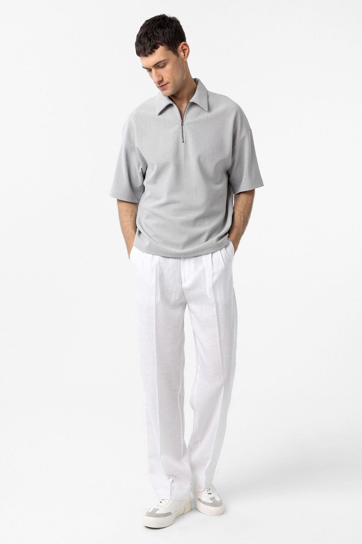 Antioch-Açık Gri Relax Fit Fermuarlı Polo Yaka Erkek T Shirt-T-Shirts-2-Milagron.com