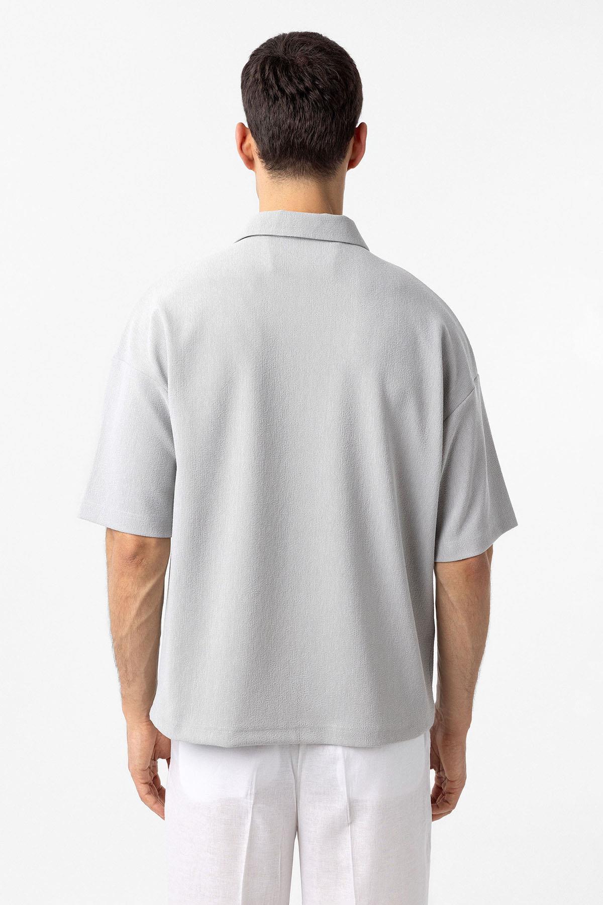 Antioch-Açık Gri Relax Fit Fermuarlı Polo Yaka Erkek T Shirt-T-Shirts-4-Milagron.com