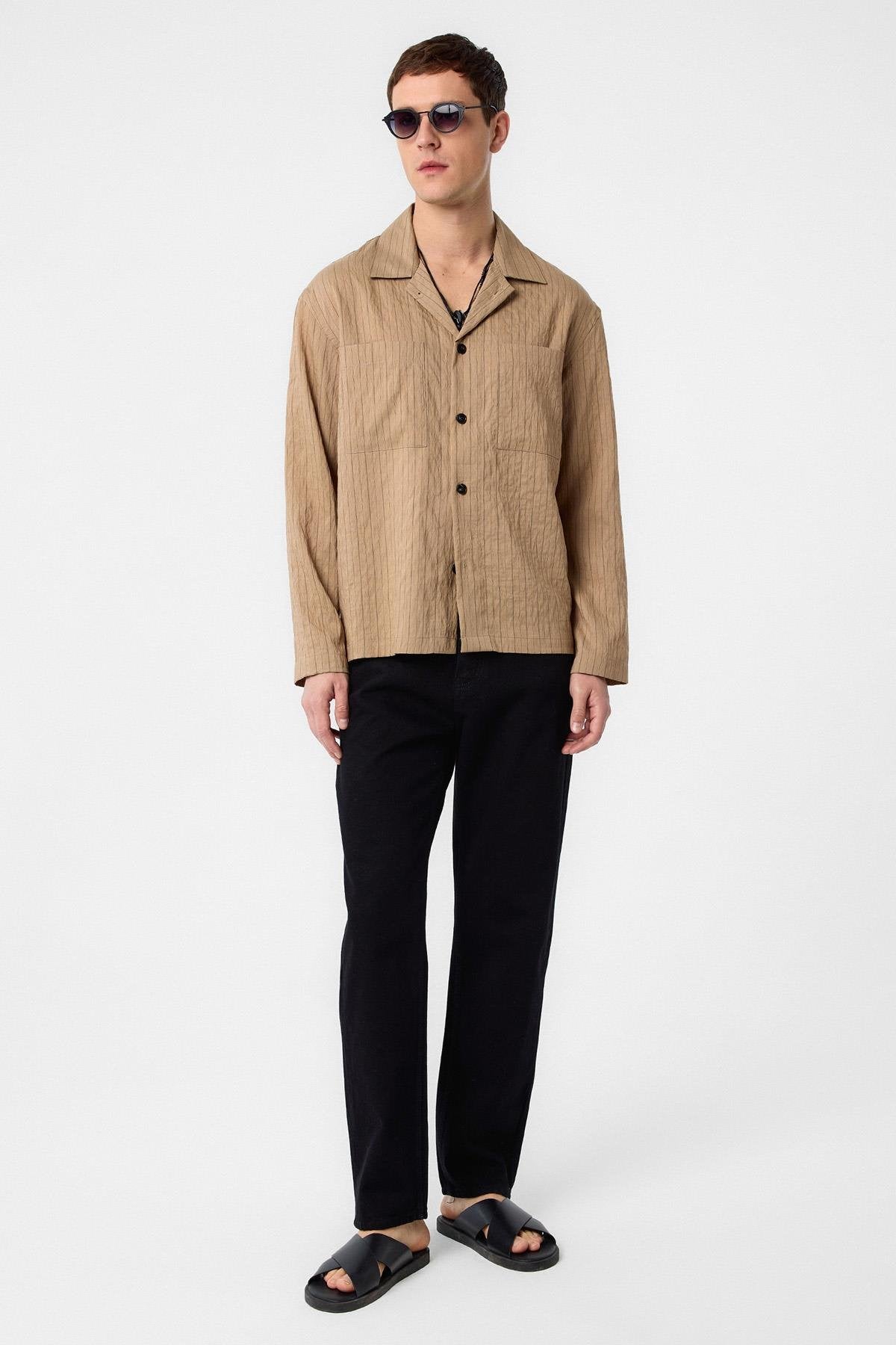 Antioch-Açık Kahve Modal Kumaş Çizgili Erkek Gömlek-Gömlek-2-Milagron.com