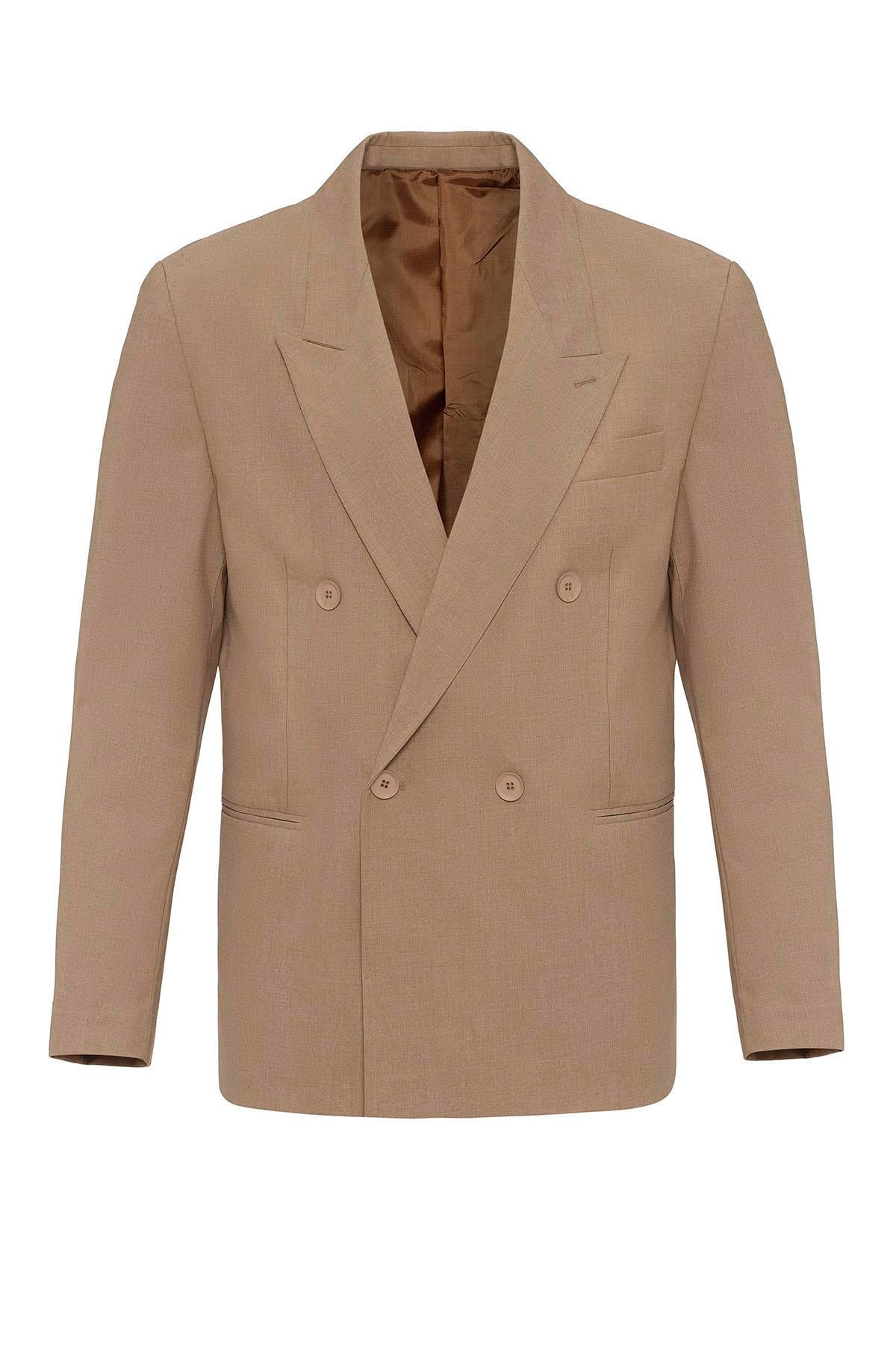Antioch-Açık Kahve Tek Düğme Kruvaze Erkek Blazer Ceket-Ceket-8-Milagron.com