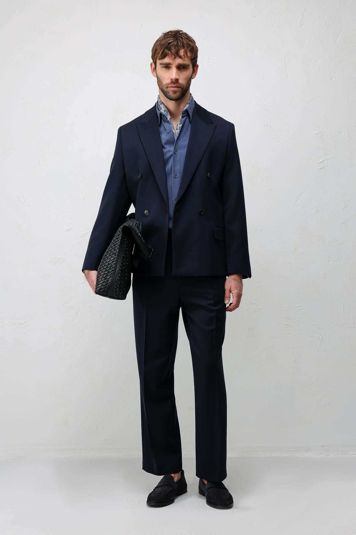 Antioch Açık Lacivert Relax Fit Kruvaze Erkek Blazer Ceket