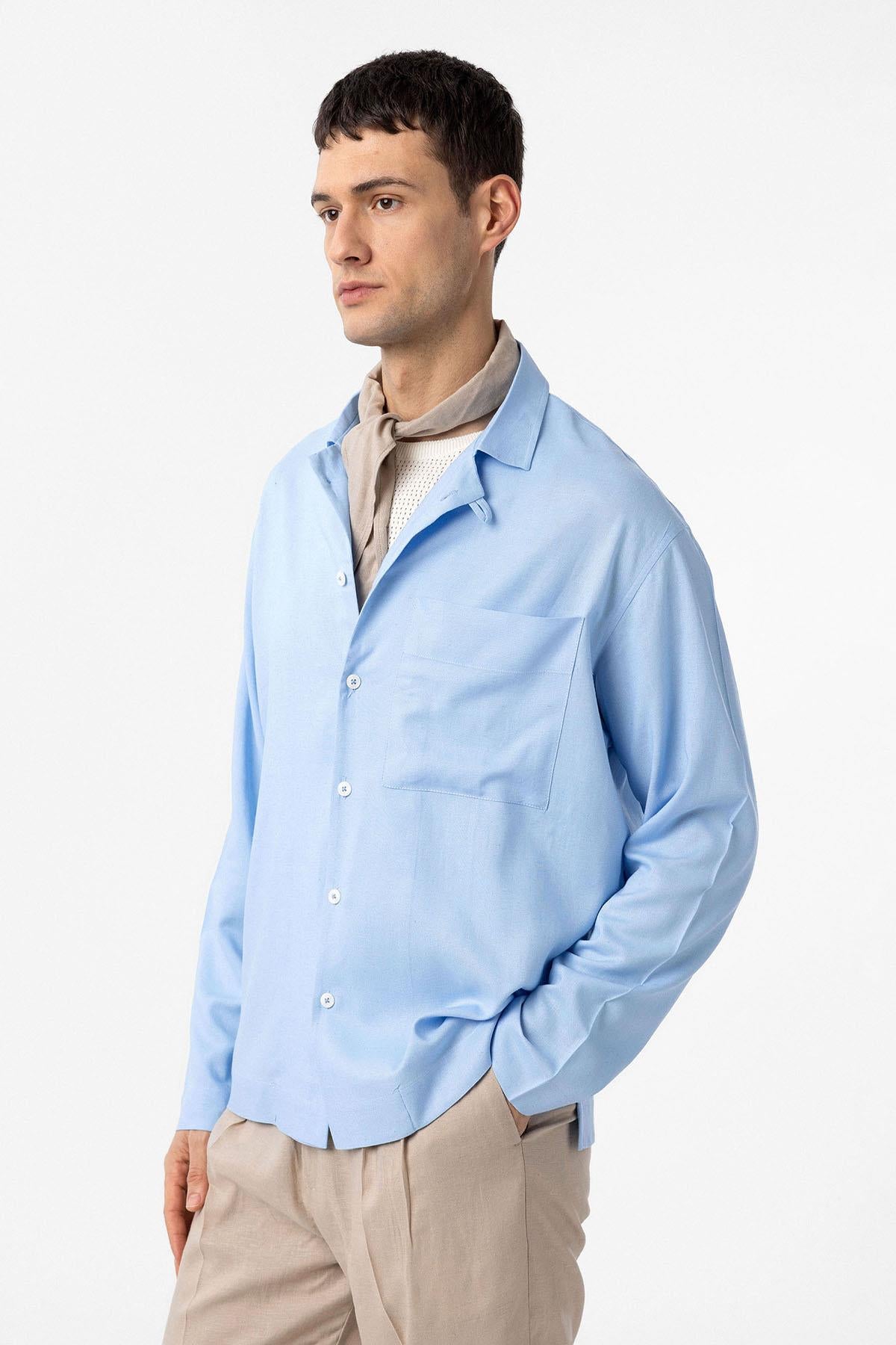 Antioch-Açık Mavi Keten Karışımlı Relax Fit Erkek Gömlek-Gömlek-3-Milagron.com