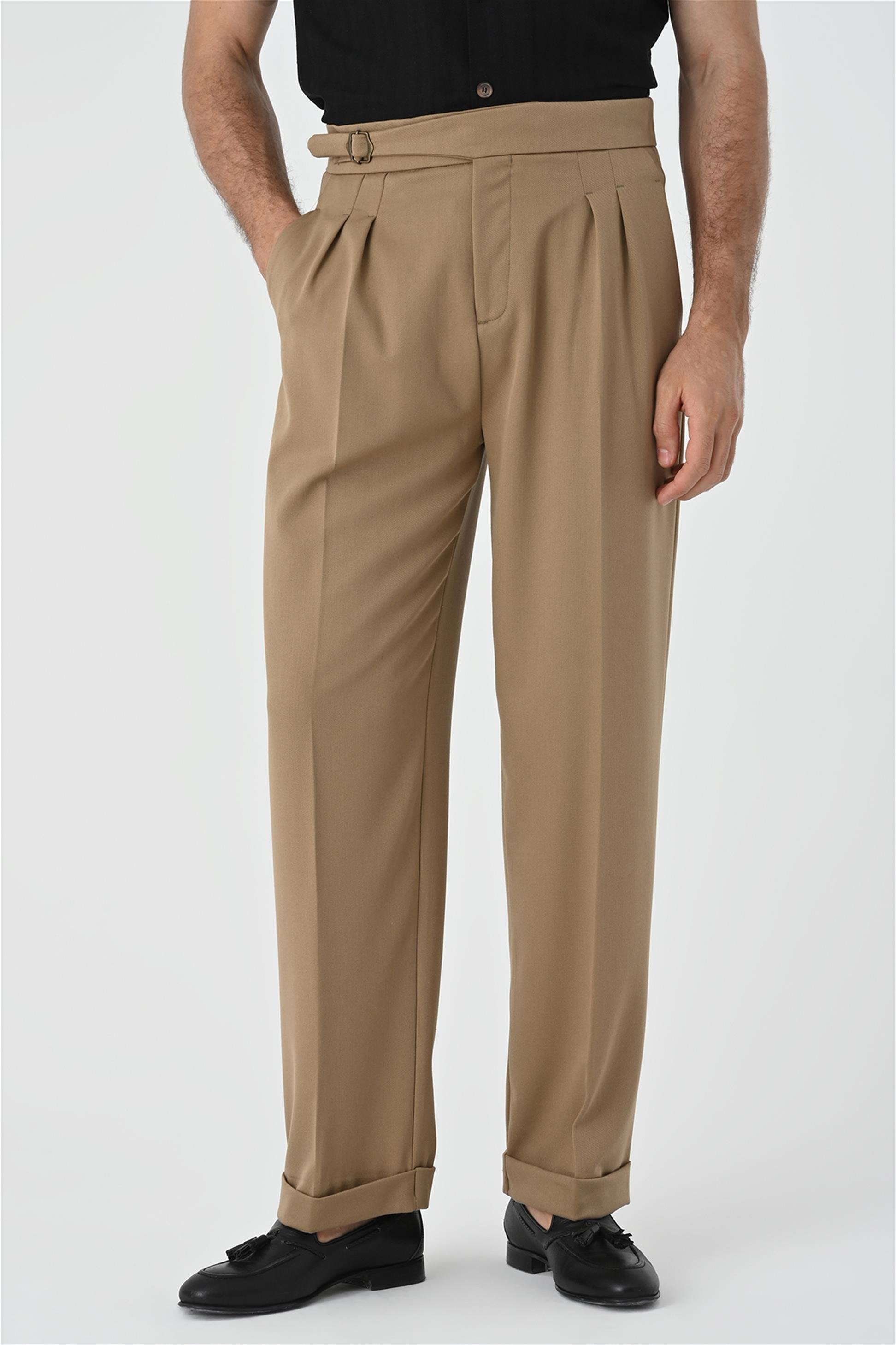 Antioch-Açık Vizon Toka Detaylı Pileli Yüksek Bel Erkek Pantolon-Kumaş Pantolon-1-Milagron.com