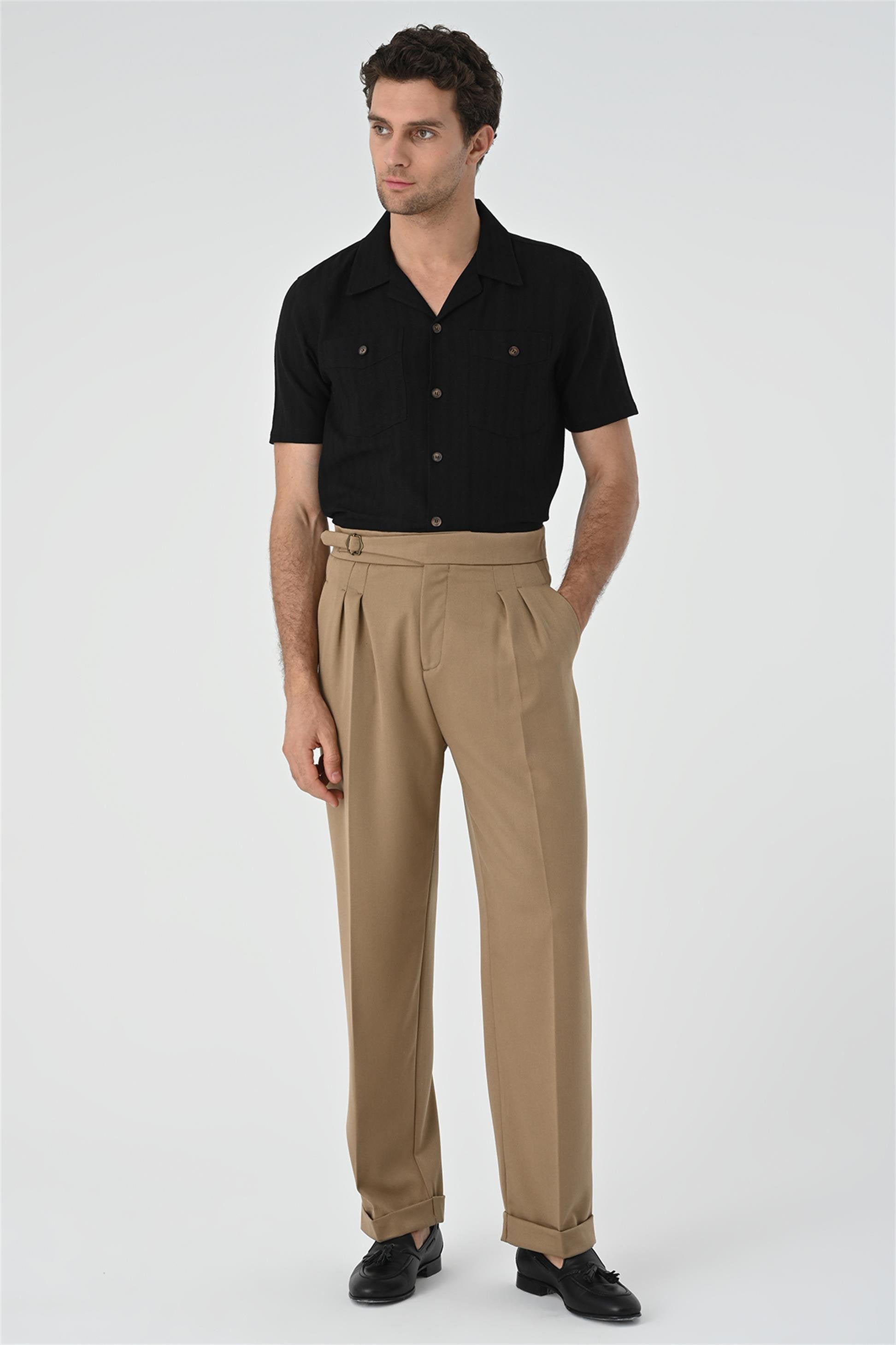 Antioch-Açık Vizon Toka Detaylı Pileli Yüksek Bel Erkek Pantolon-Kumaş Pantolon-2-Milagron.com