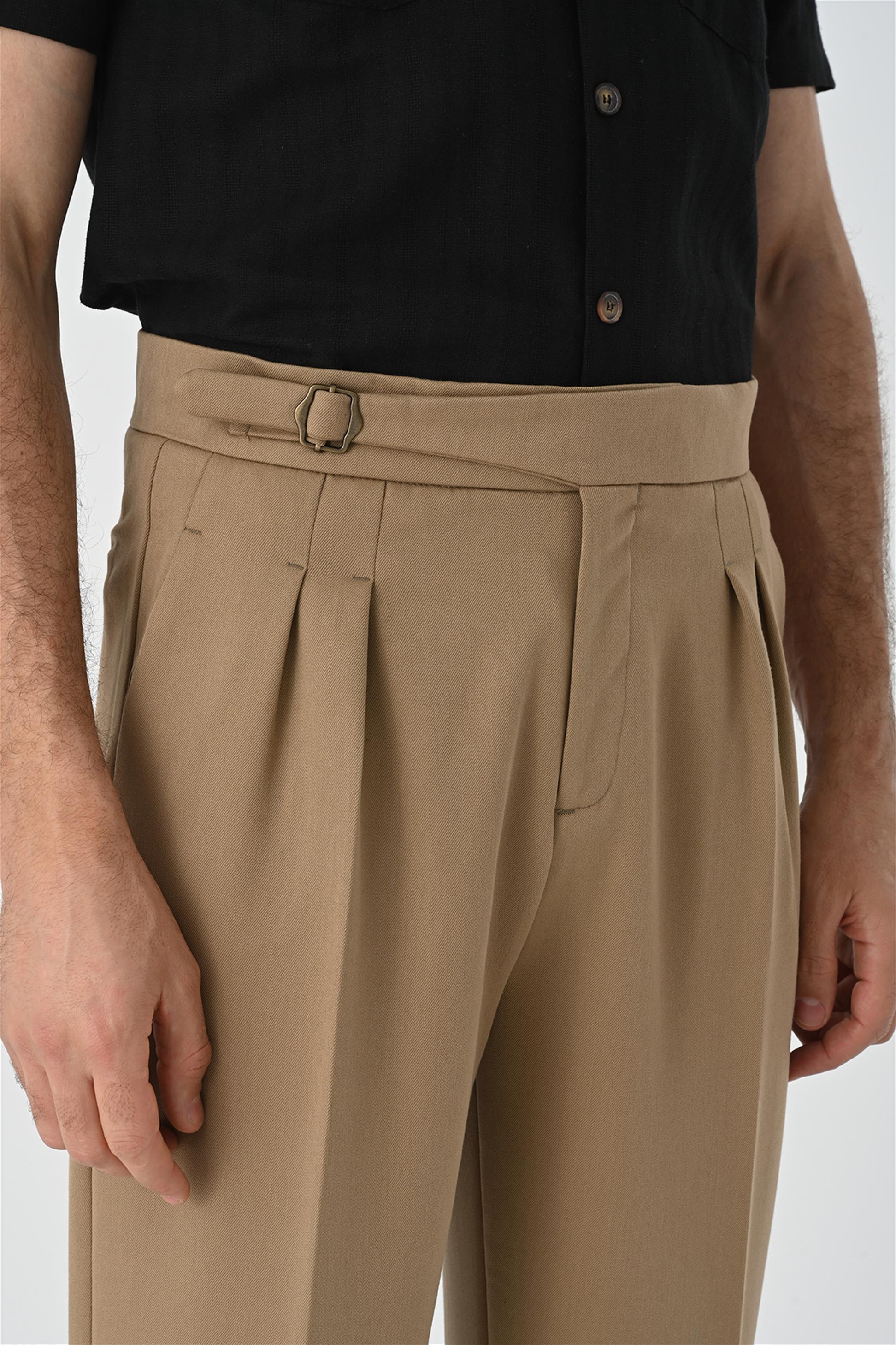 Antioch-Açık Vizon Toka Detaylı Pileli Yüksek Bel Erkek Pantolon-Kumaş Pantolon-4-Milagron.com