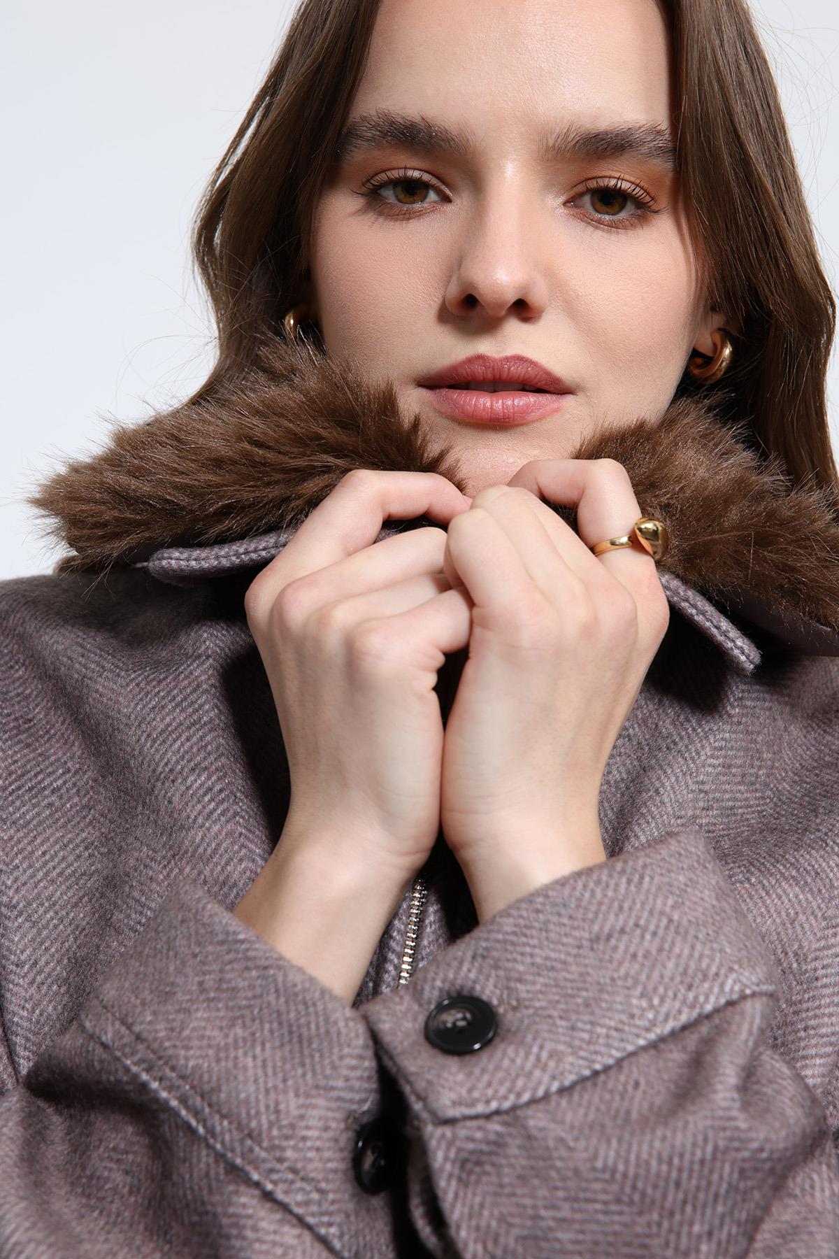 Antioch-Açık Vizon Yün Karışımlı Suni Kürk Yaka Ceket-Ceket-10-Milagron.com