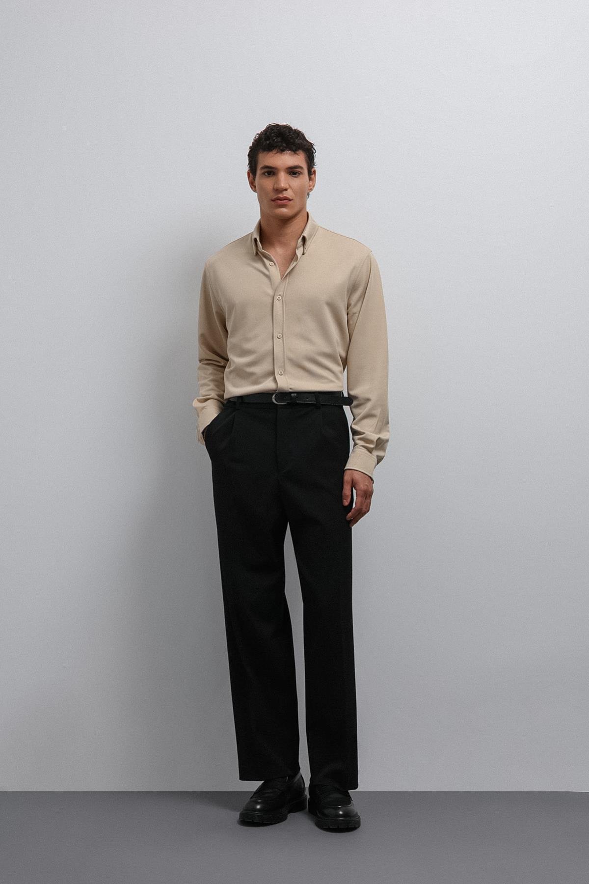 Antioch-Antioch Bej Düğmeli Yaka Relax Fit Erkek Gömlek-Gömlek-2-Milagron.com