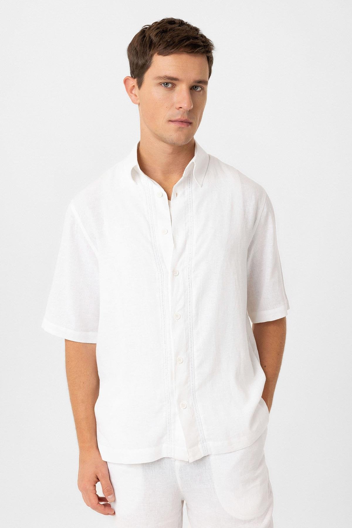 Antioch-Antioch Beyaz Keten Karışımlı Relaxed Erkek Gömlek-Gömlek-1-Milagron.com
