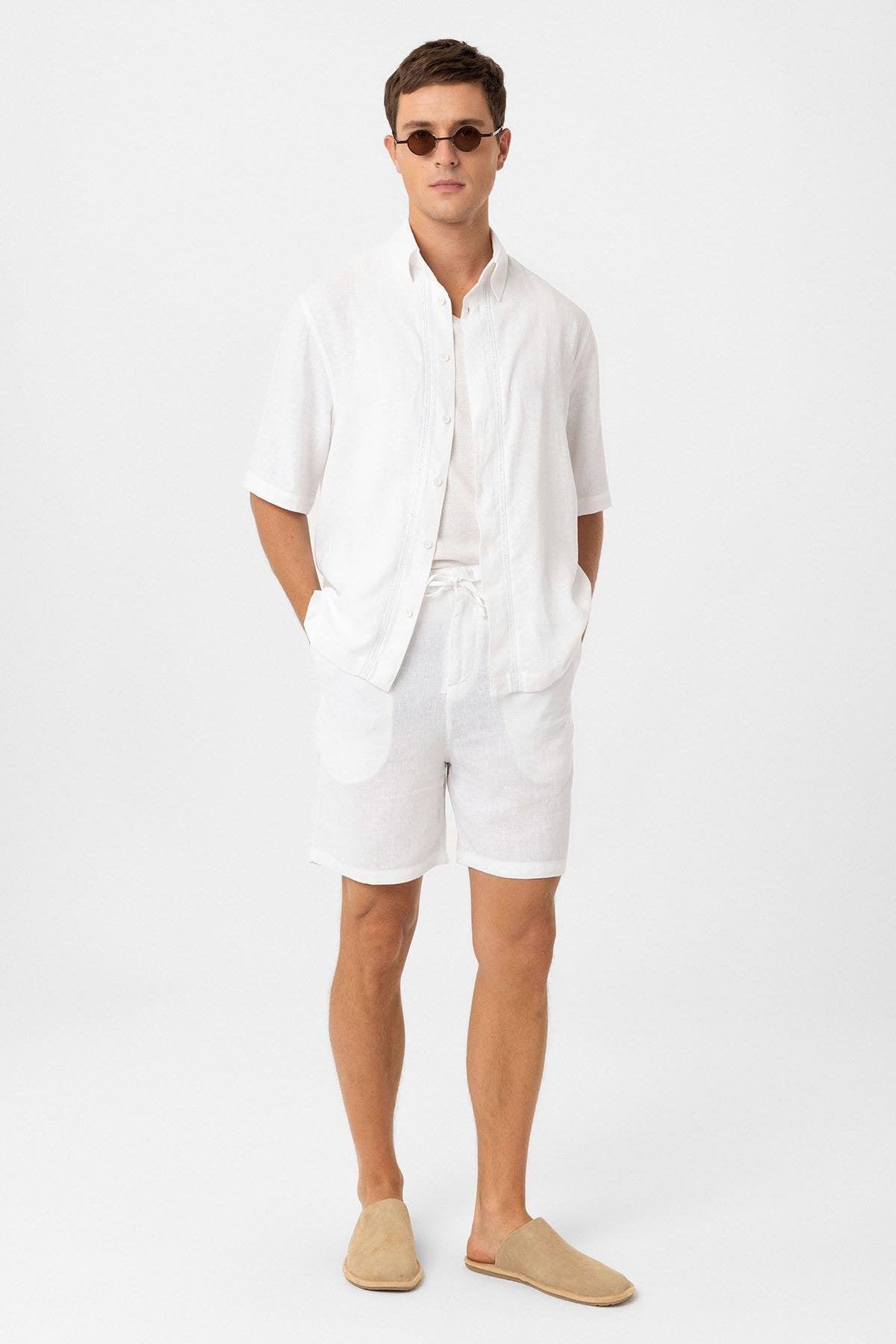 Antioch-Antioch Beyaz Keten Karışımlı Relaxed Erkek Gömlek-Gömlek-4-Milagron.com