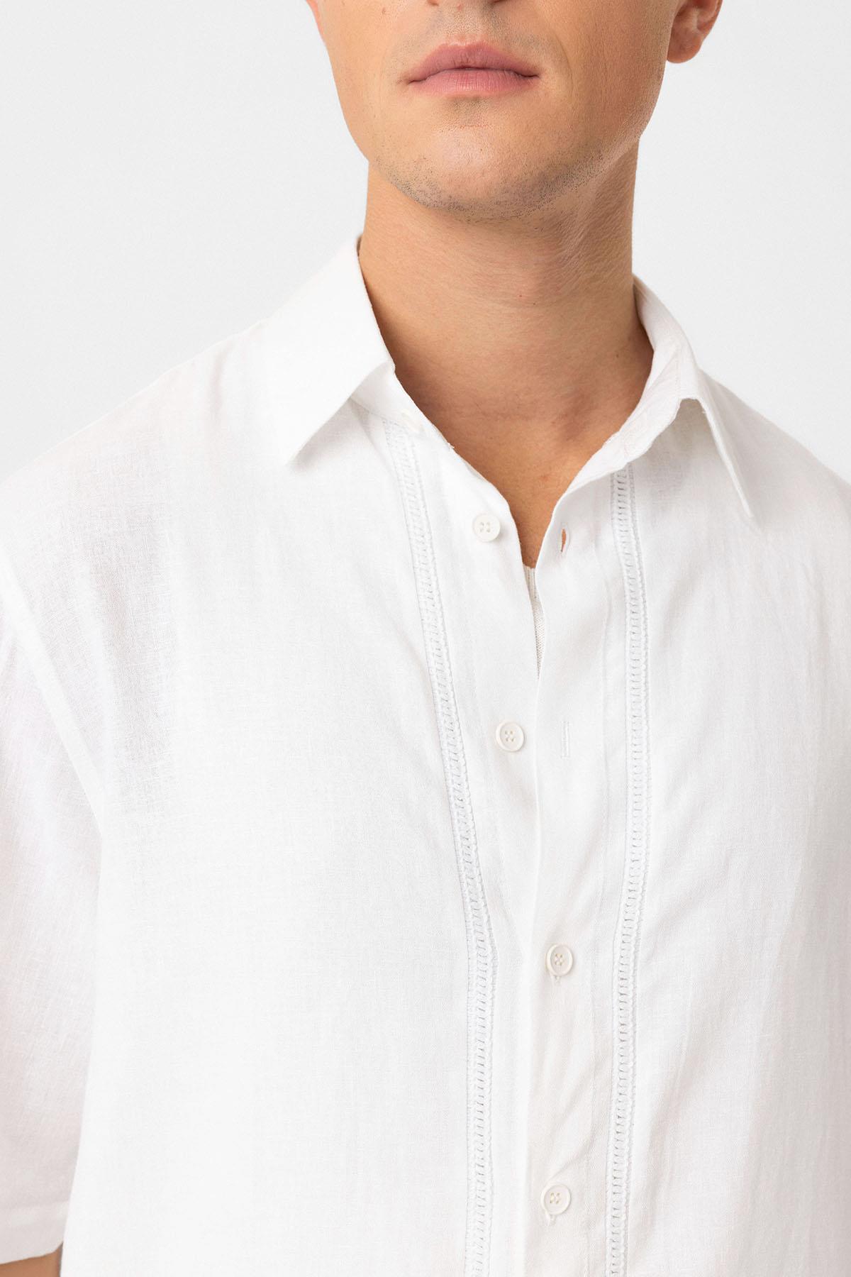 Antioch-Antioch Beyaz Keten Karışımlı Relaxed Erkek Gömlek-Gömlek-5-Milagron.com