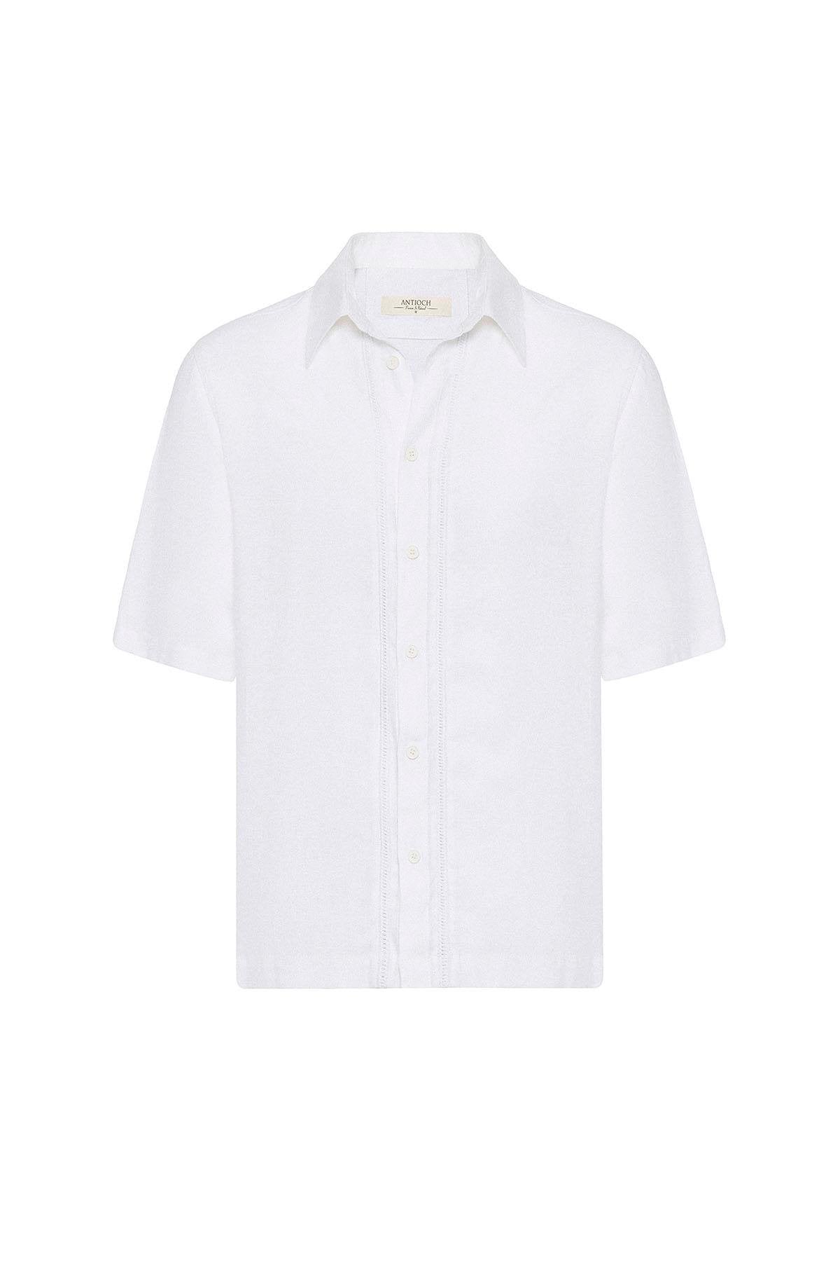 Antioch-Antioch Beyaz Keten Karışımlı Relaxed Erkek Gömlek-Gömlek-7-Milagron.com