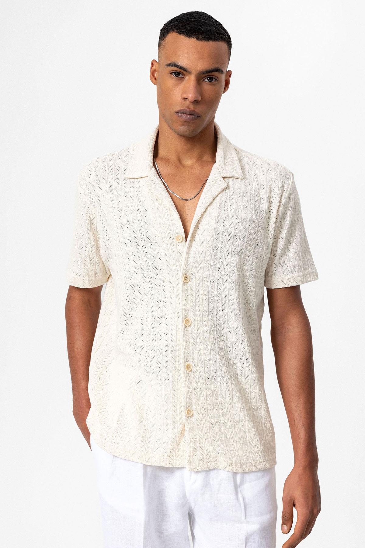 Antioch-Antioch Ekru Apaş Yaka örme Desenli Erkek Gömlek-Gömlek-1-Milagron.com