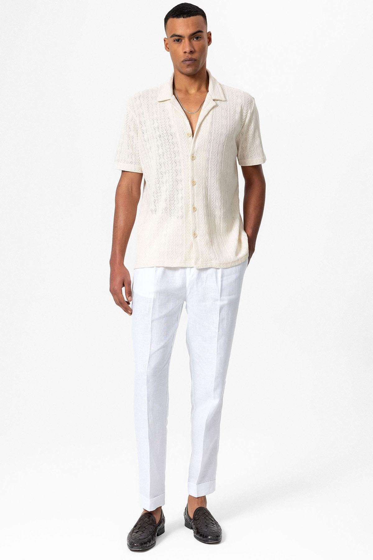 Antioch-Antioch Ekru Apaş Yaka örme Desenli Erkek Gömlek-Gömlek-2-Milagron.com