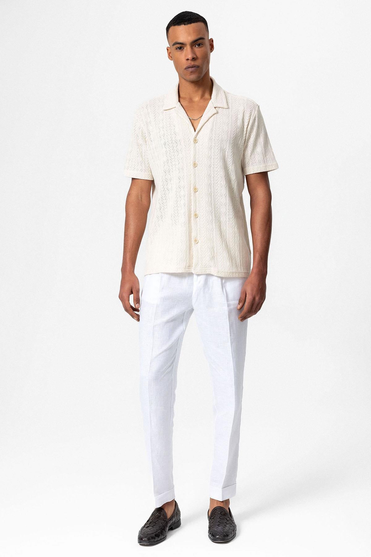 Antioch-Antioch Ekru Apaş Yaka örme Desenli Erkek Gömlek-Gömlek-4-Milagron.com