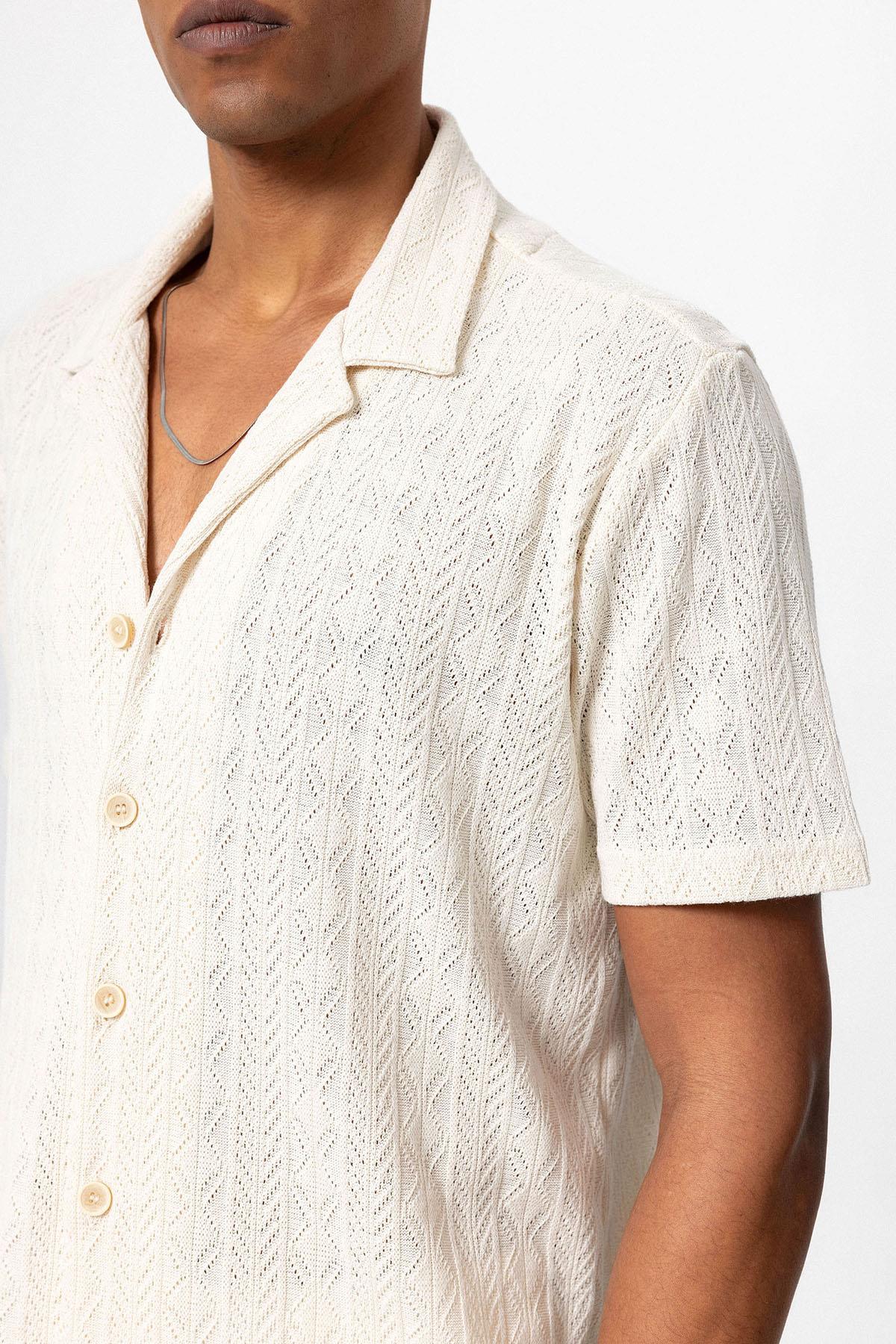 Antioch-Antioch Ekru Apaş Yaka örme Desenli Erkek Gömlek-Gömlek-5-Milagron.com