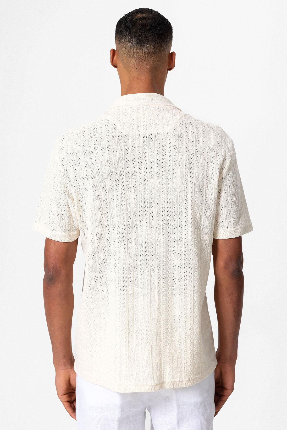 Antioch-Antioch Ekru Apaş Yaka örme Desenli Erkek Gömlek-Gömlek-6-Milagron.com