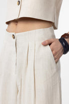Antioch-Antioch Ekru Keten Karışımlı Kadın Culotte Pantolon-Kumaş Pantolon-3-Milagron.com
