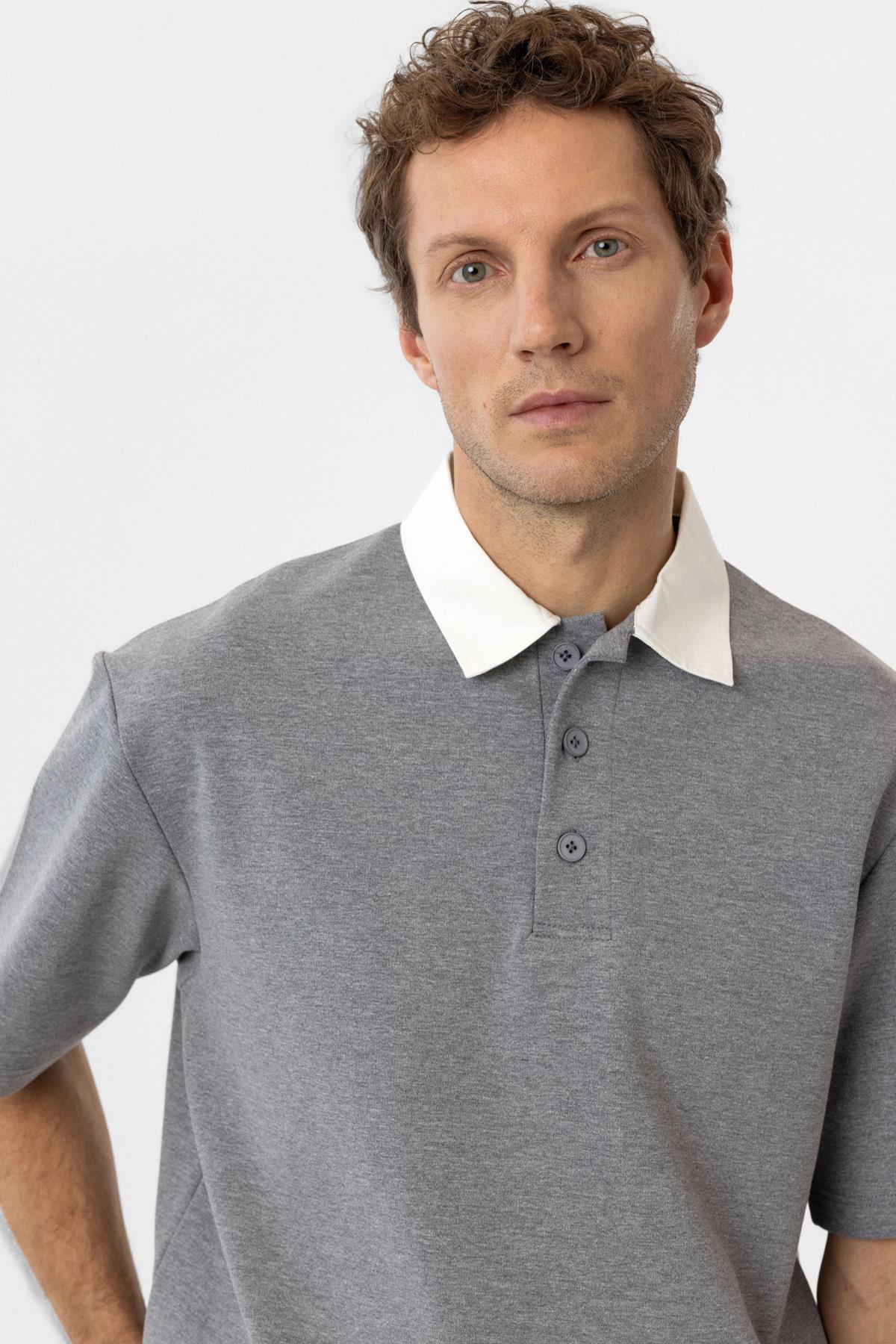 Antioch-Antioch Gri Kontrast Yaka İnterlok Dokulu Erkek T Shirt-T-Shirt-4-Milagron.com