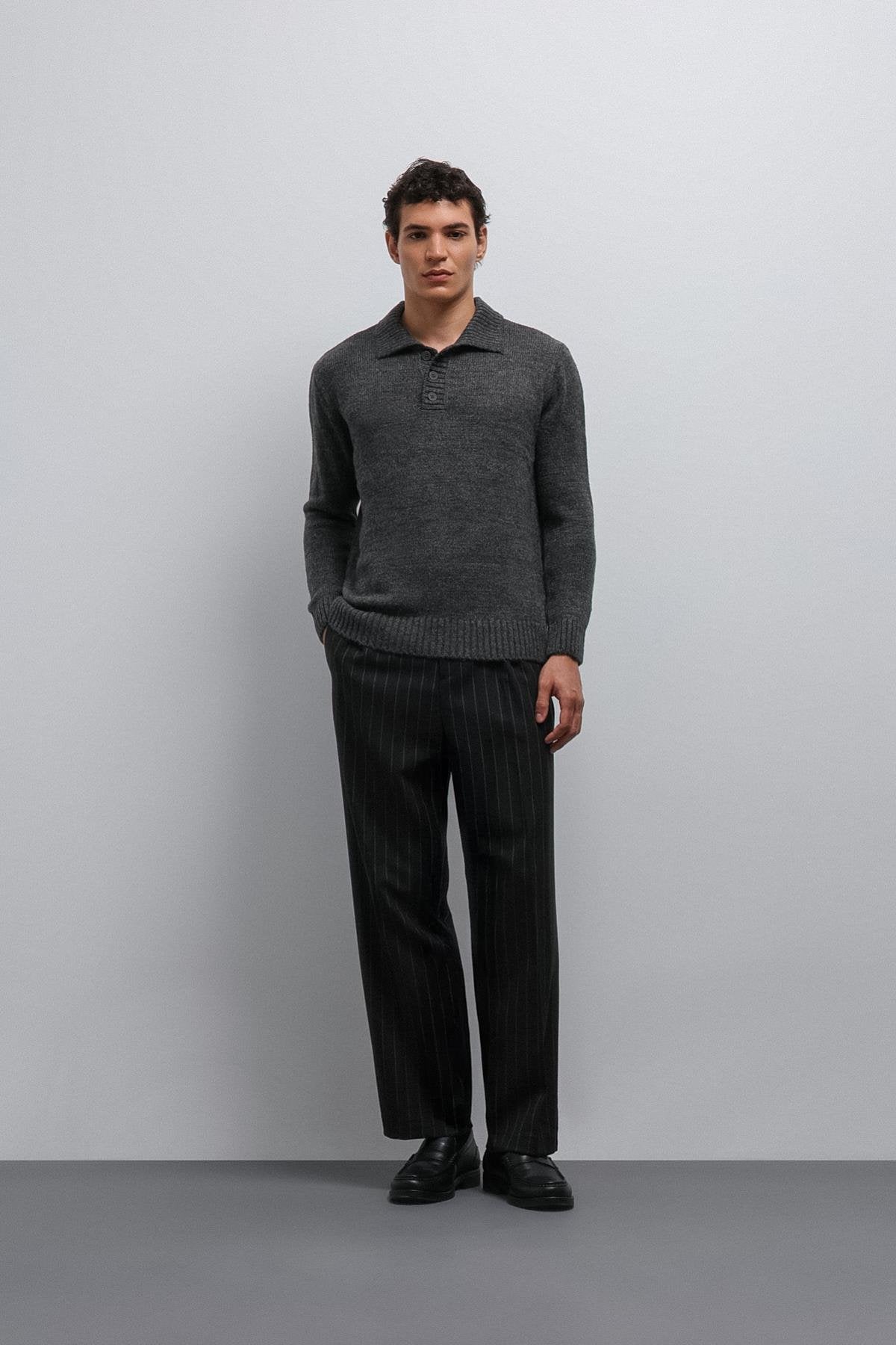 Antioch-Antioch Gri Melanj Düğmeli Yaka Erkek Kazak-Kazak-3-Milagron.com