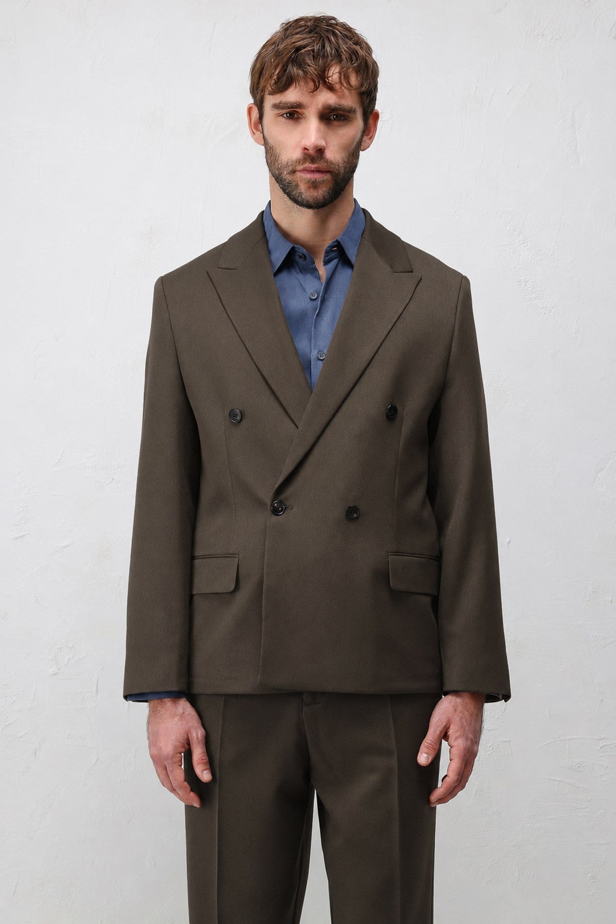 Antioch Kahve 1 Relax Fit Kruvaze Erkek Blazer Ceket