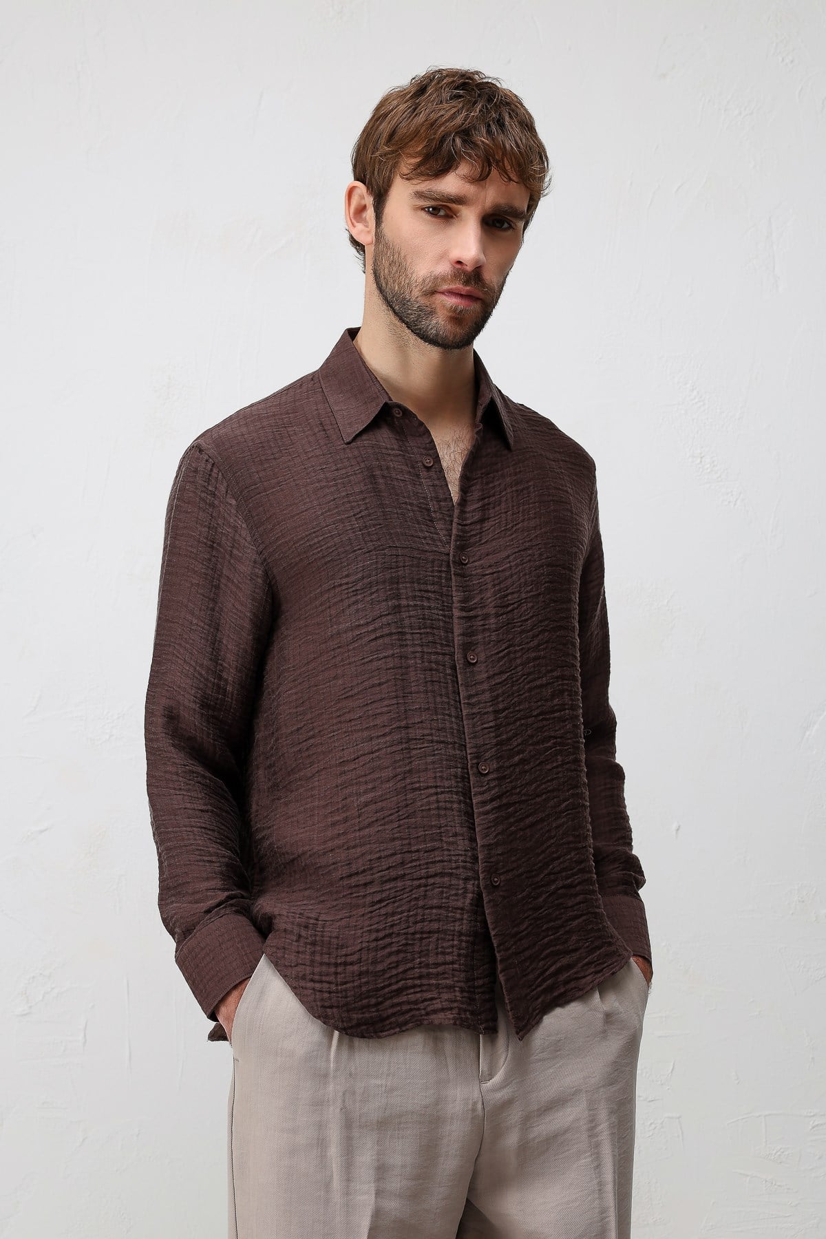 Antioch Kahve Crinkled Relax Fit Erkek Gömlek