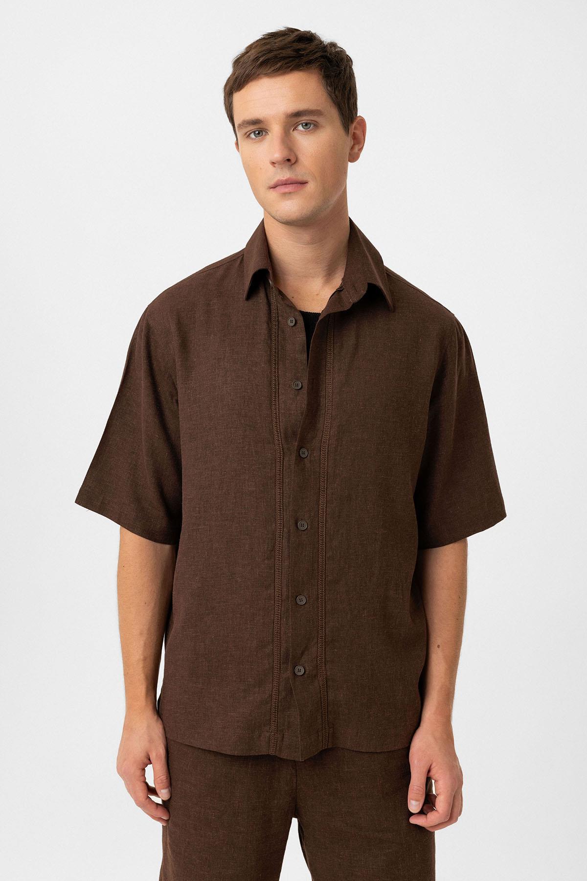 Antioch-Antioch Kahve Keten Karışımlı Relaxed Erkek Gömlek-Gömlek-1-Milagron.com
