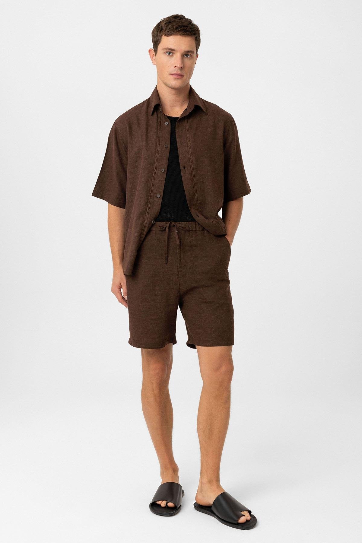 Antioch-Antioch Kahve Keten Karışımlı Relaxed Erkek Gömlek-Gömlek-2-Milagron.com